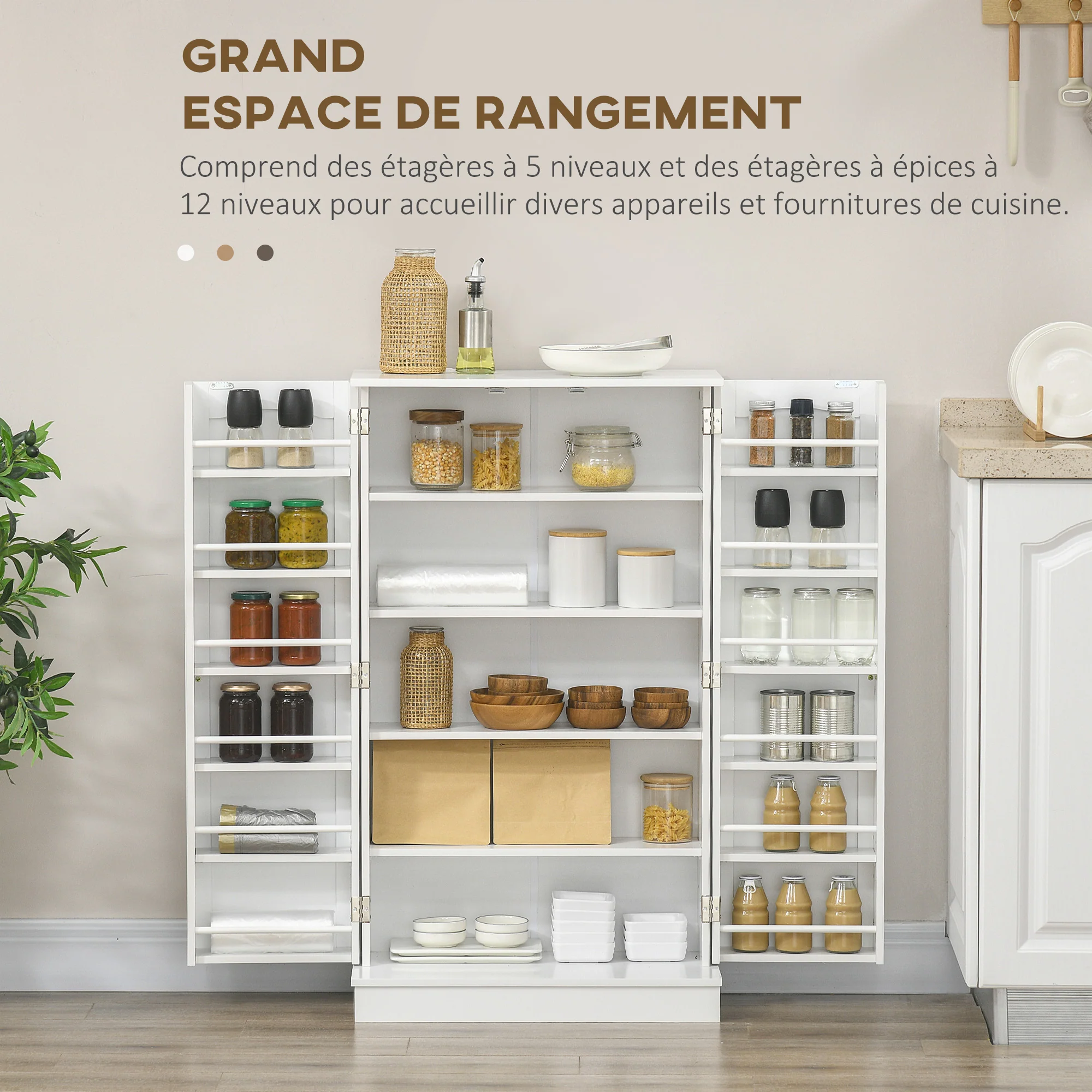 Armoire de cuisine buffet cuisine vaisselier meuble de rangement moderne avec placards, étagère réglable et 12 porte-épices, garde-manger pour salle à manger, salon, 60 x 30 x 104 cm, blanc - Image 5
