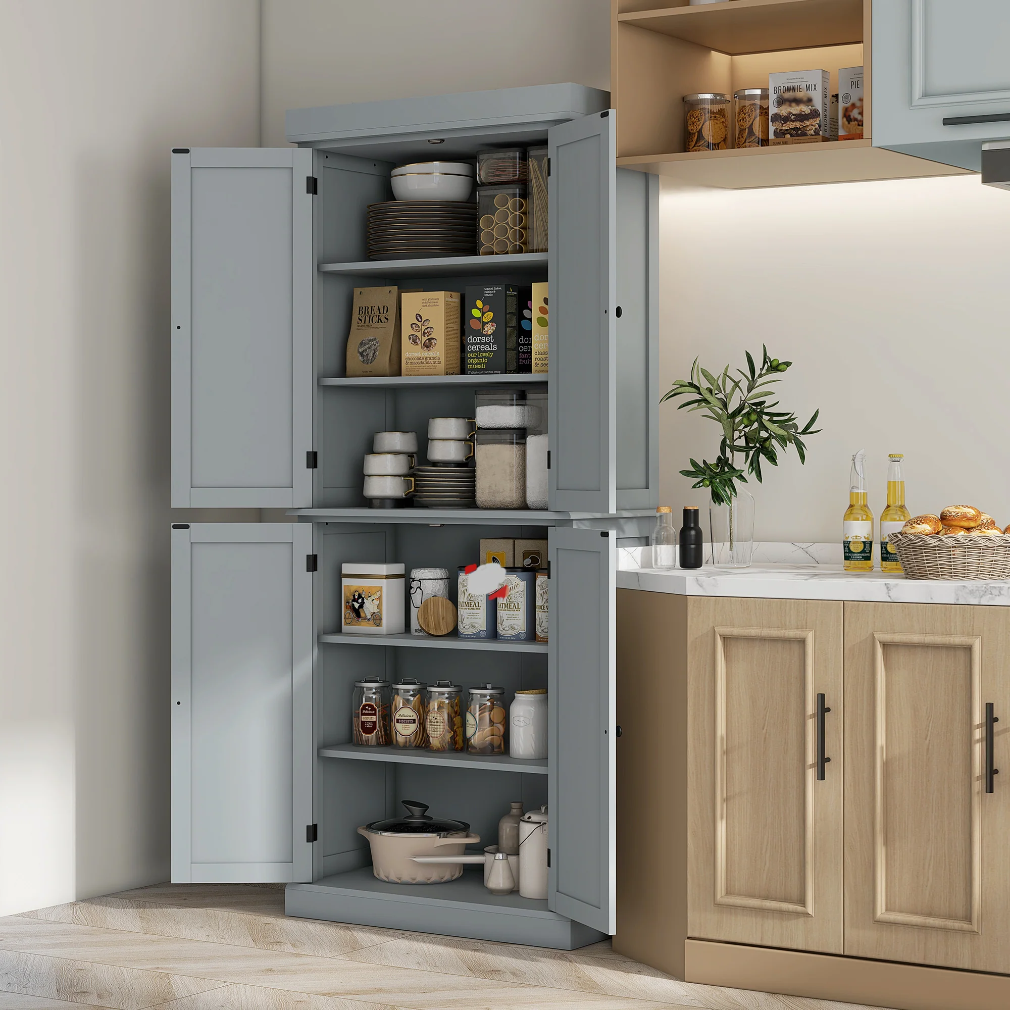 Armoire de cuisine buffet cuisine vaisselier meuble de rangement style moderne avec placards, étagères réglables, pour salle à manger, salon, 76 x 40,5 x 184 cm, gris - Image 3