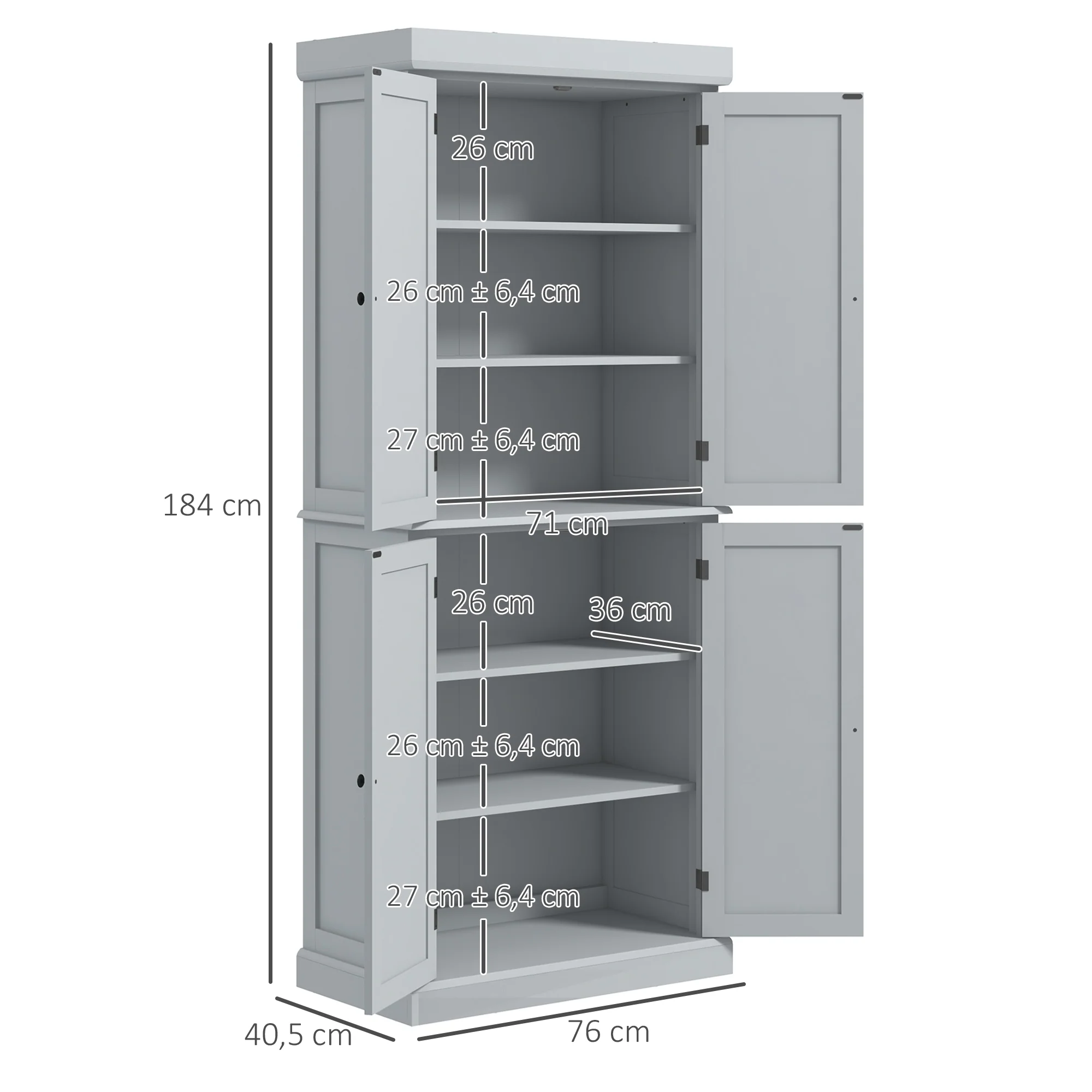 Armoire de cuisine buffet cuisine vaisselier meuble de rangement style moderne avec placards, étagères réglables, pour salle à manger, salon, 76 x 40,5 x 184 cm, gris - Image 4