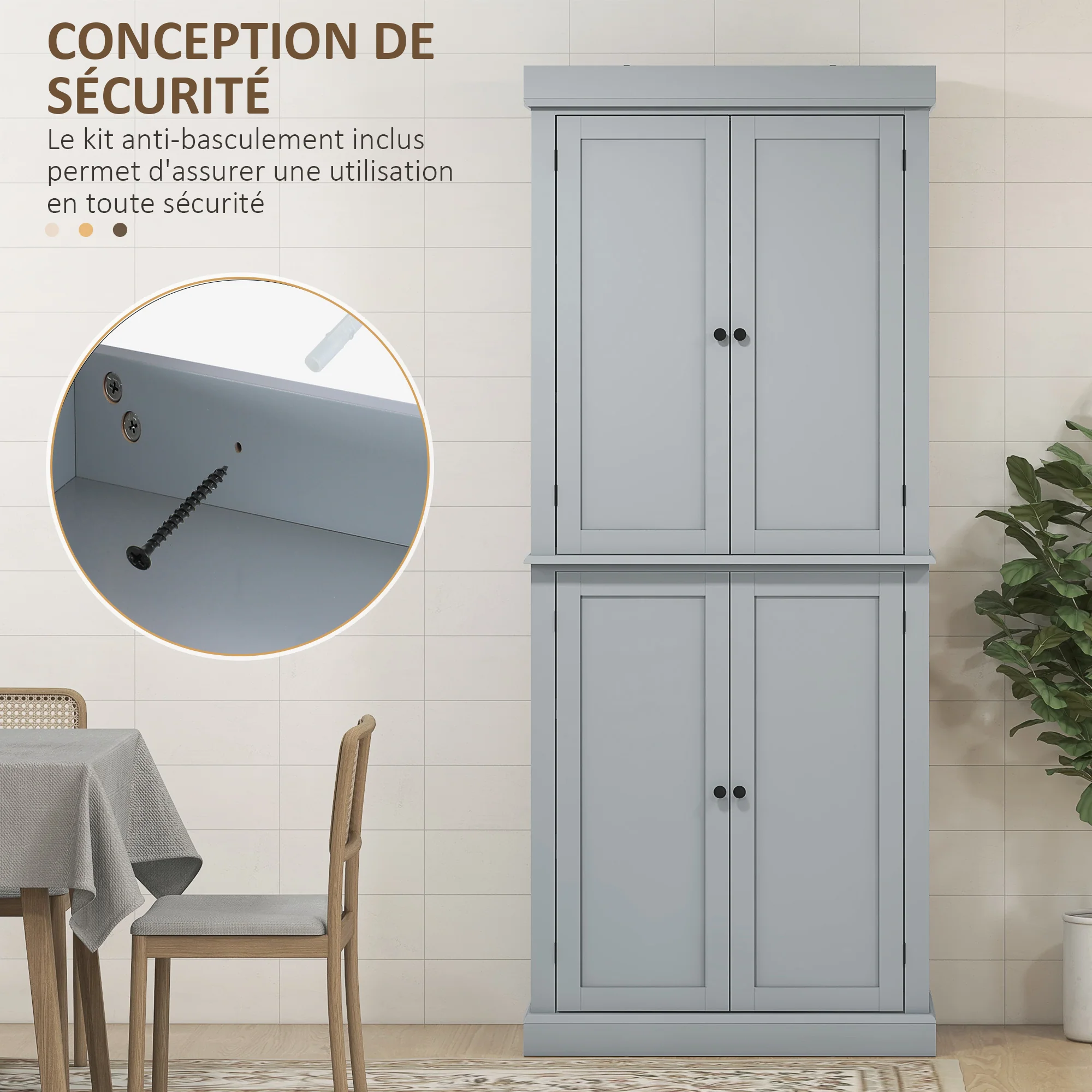 Armoire de cuisine buffet cuisine vaisselier meuble de rangement style moderne avec placards, étagères réglables, pour salle à manger, salon, 76 x 40,5 x 184 cm, gris - Image 7