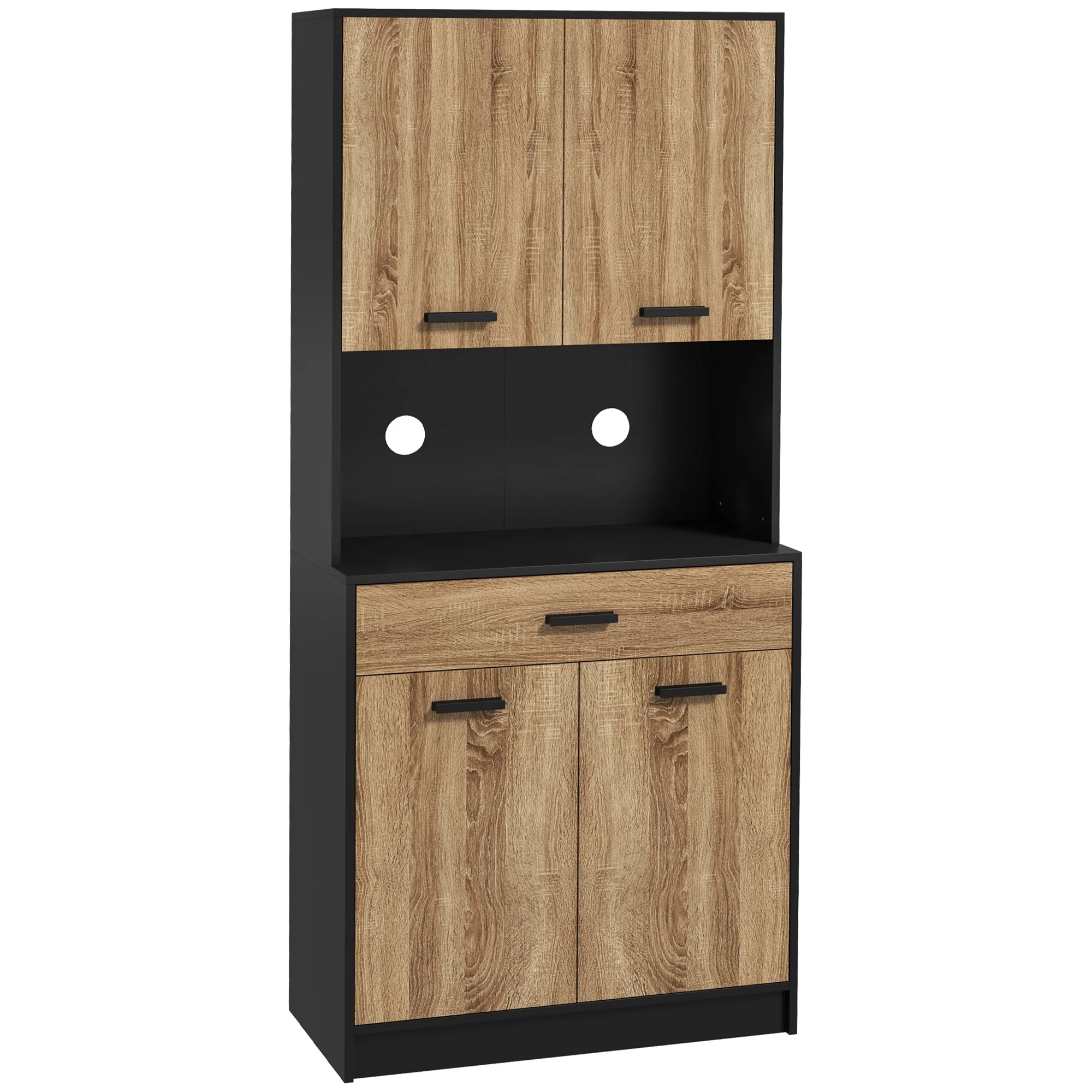 Armoire de cuisine, buffet de cuisine, meuble de rangement, 2 placards, 4 portes, 1 tiroir, passe-cables, design industriel, 80 x 40 x 180 cm, noir et naturel - Image 11