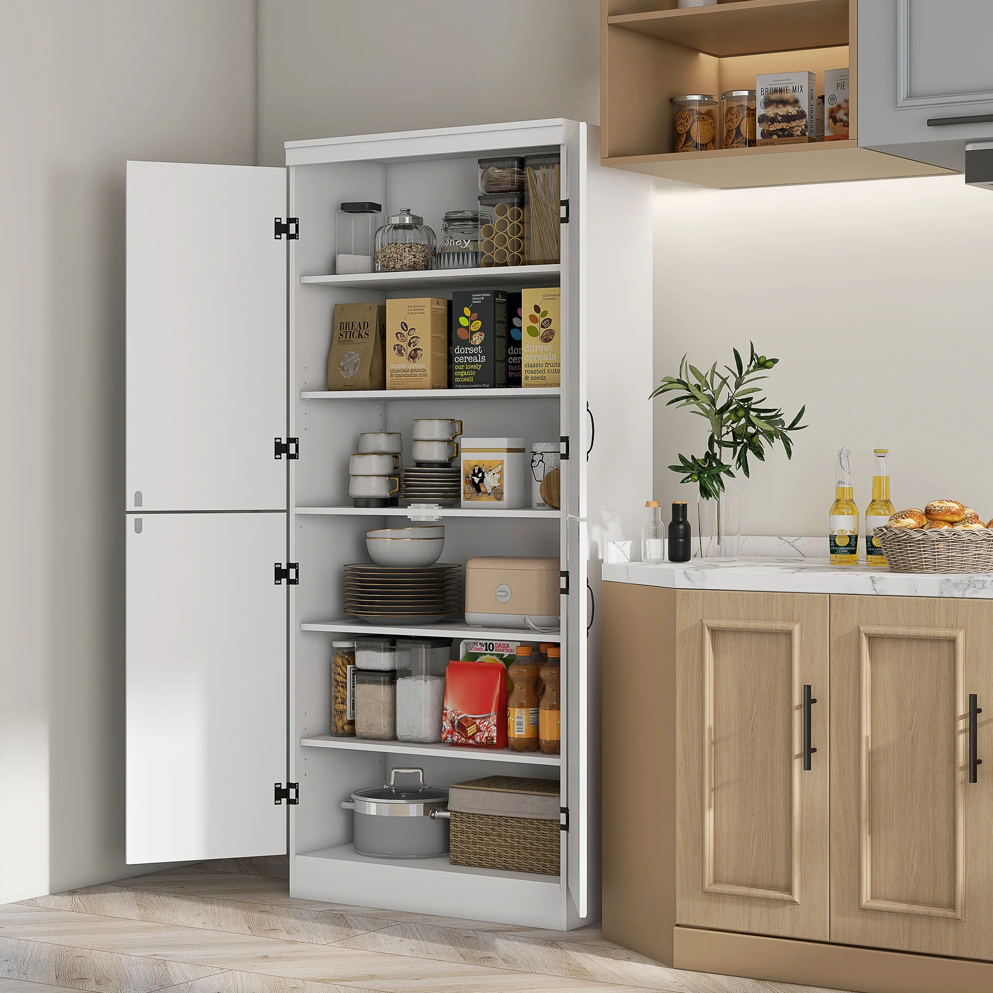 Armoire de cuisine buffet de salle à manger avec 4 portes 6 étagères de rangement style moderne 76 x 40 x 177 cm blanc - Image 3