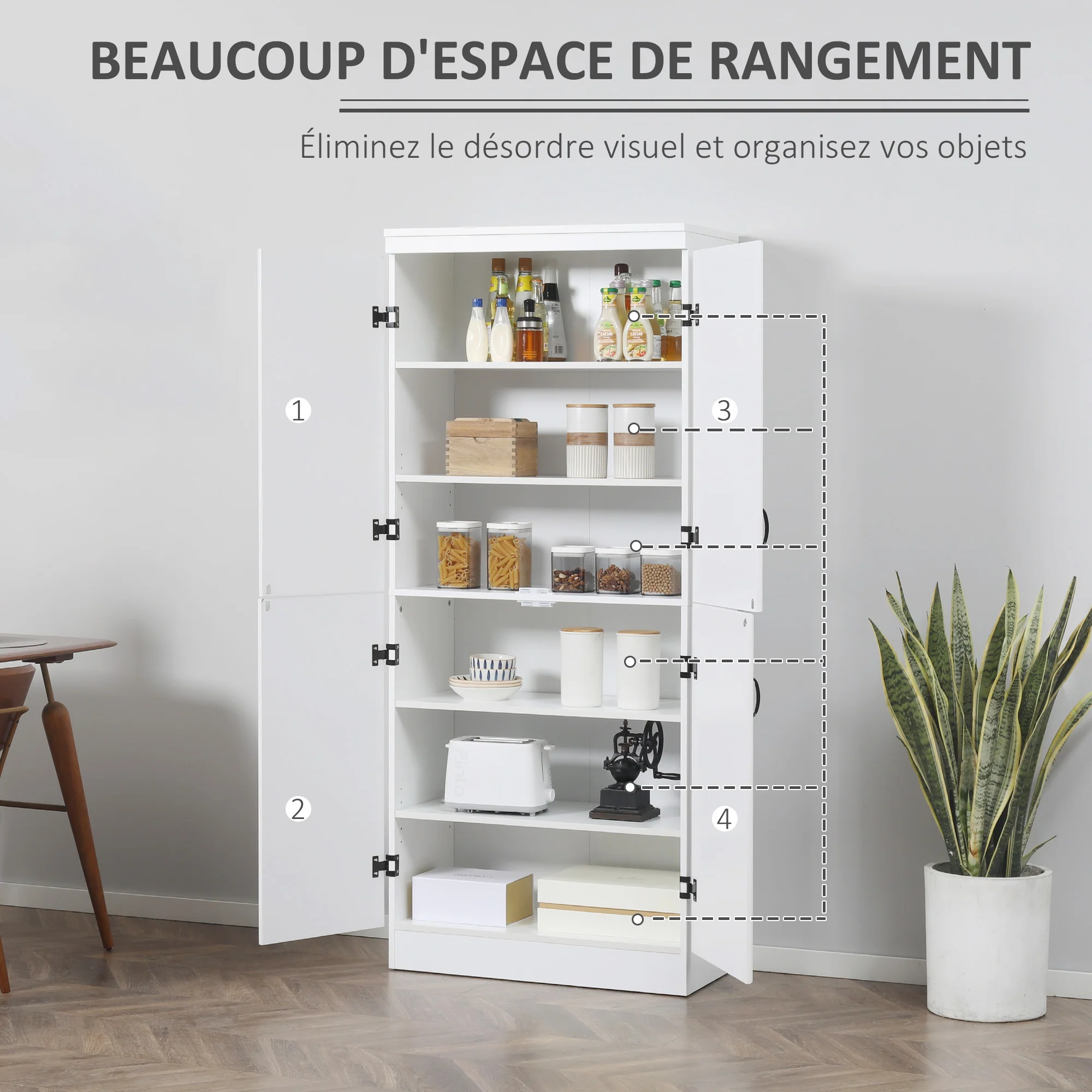 Armoire de cuisine buffet de salle à manger avec 4 portes 6 étagères de rangement style moderne 76 x 40 x 177 cm blanc - Image 5