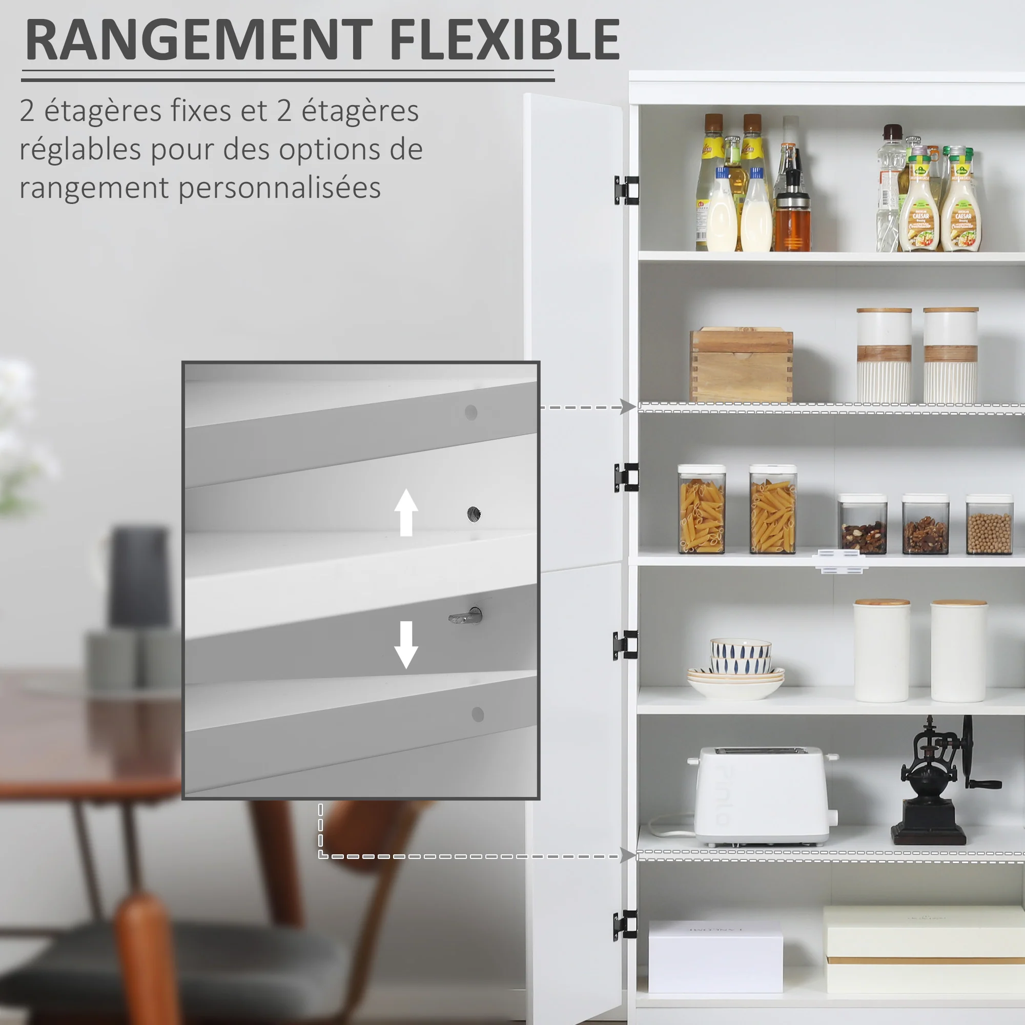 Armoire de cuisine buffet de salle à manger avec 4 portes 6 étagères de rangement style moderne 76 x 40 x 177 cm blanc - Image 6
