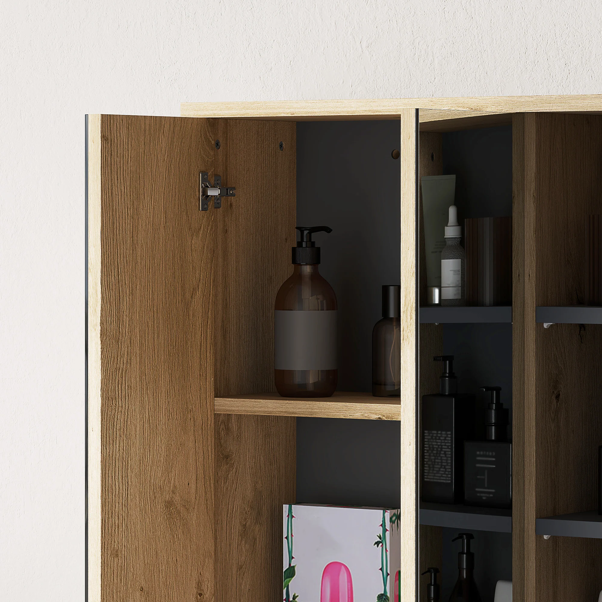 Armoire de salle de bain avec miroir armoire de toilette miroir montage mural avec 3 étagères ouverts 2 portes miroir 60 x 20 x 60 cm bois naturel - Image 10