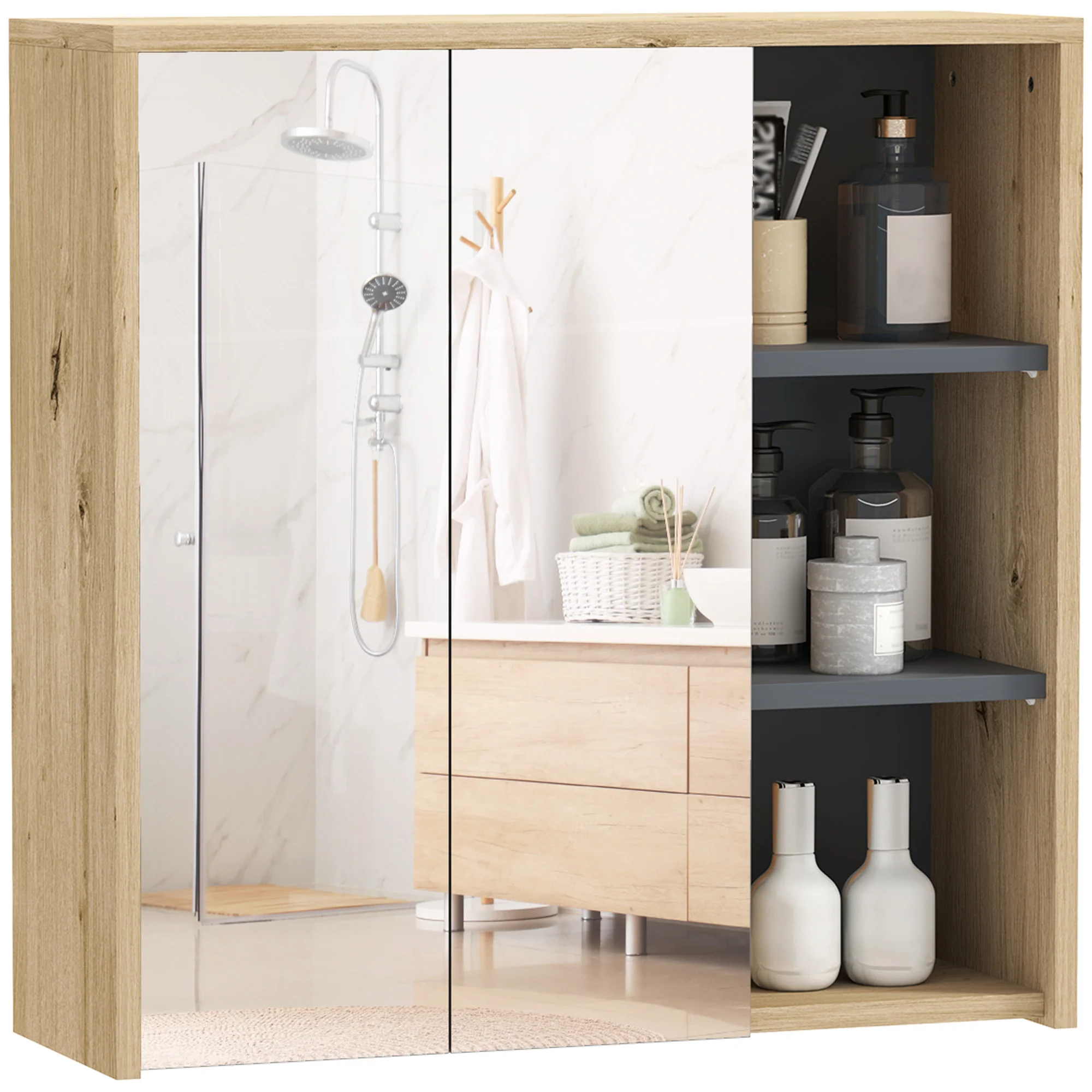 Armoire de salle de bain avec miroir armoire de toilette miroir montage mural avec 3 étagères ouverts 2 portes miroir 60 x 20 x 60 cm bois naturel - Image 11