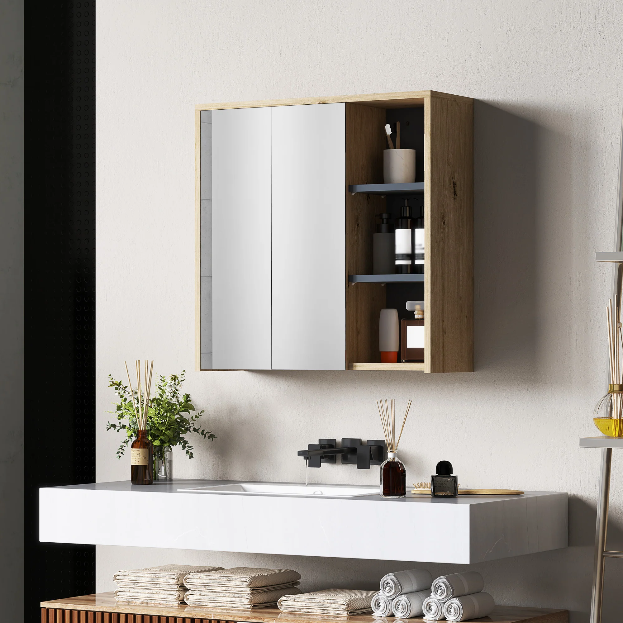 Armoire de salle de bain avec miroir armoire de toilette miroir montage mural avec 3 étagères ouverts 2 portes miroir 60 x 20 x 60 cm bois naturel - Image 3