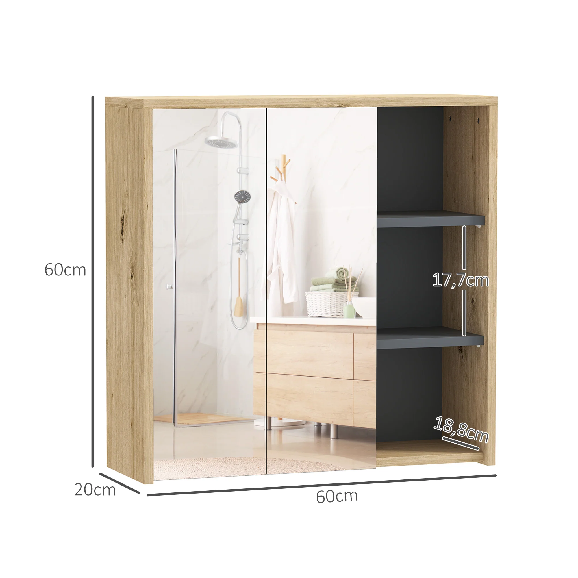 Armoire de salle de bain avec miroir armoire de toilette miroir montage mural avec 3 étagères ouverts 2 portes miroir 60 x 20 x 60 cm bois naturel - Image 4