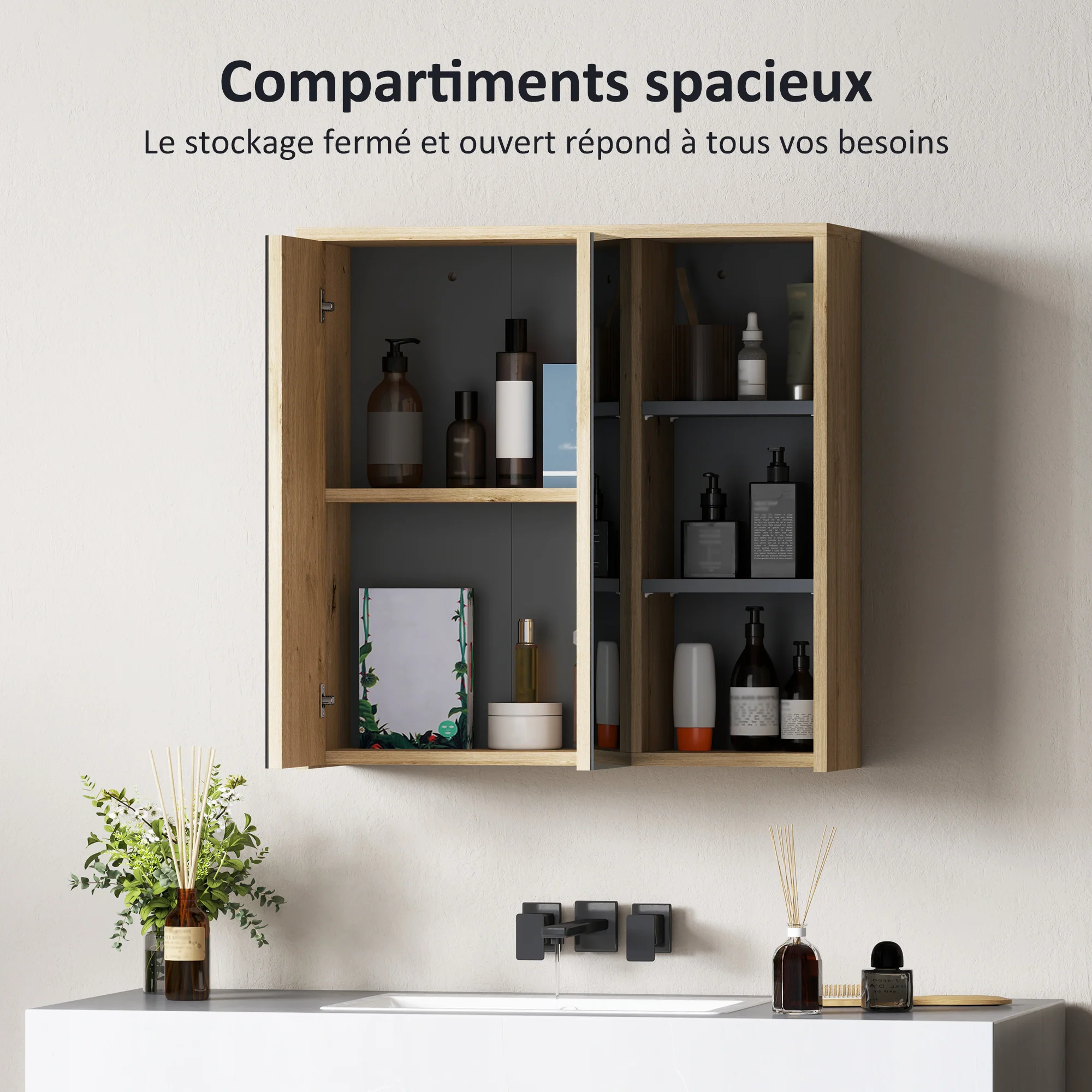 Armoire de salle de bain avec miroir armoire de toilette miroir montage mural avec 3 étagères ouverts 2 portes miroir 60 x 20 x 60 cm bois naturel - Image 5
