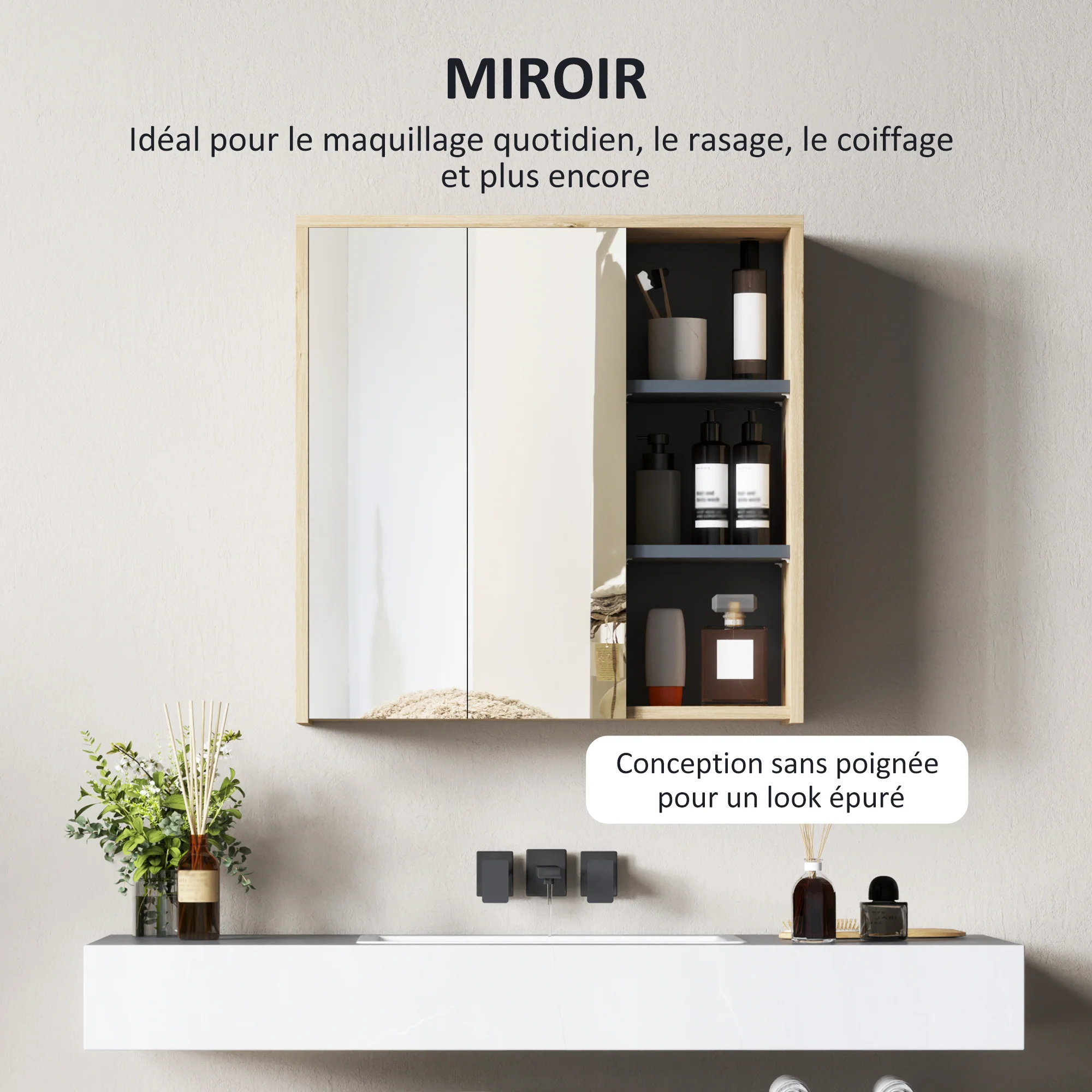 Armoire de salle de bain avec miroir armoire de toilette miroir montage mural avec 3 étagères ouverts 2 portes miroir 60 x 20 x 60 cm bois naturel - Image 6