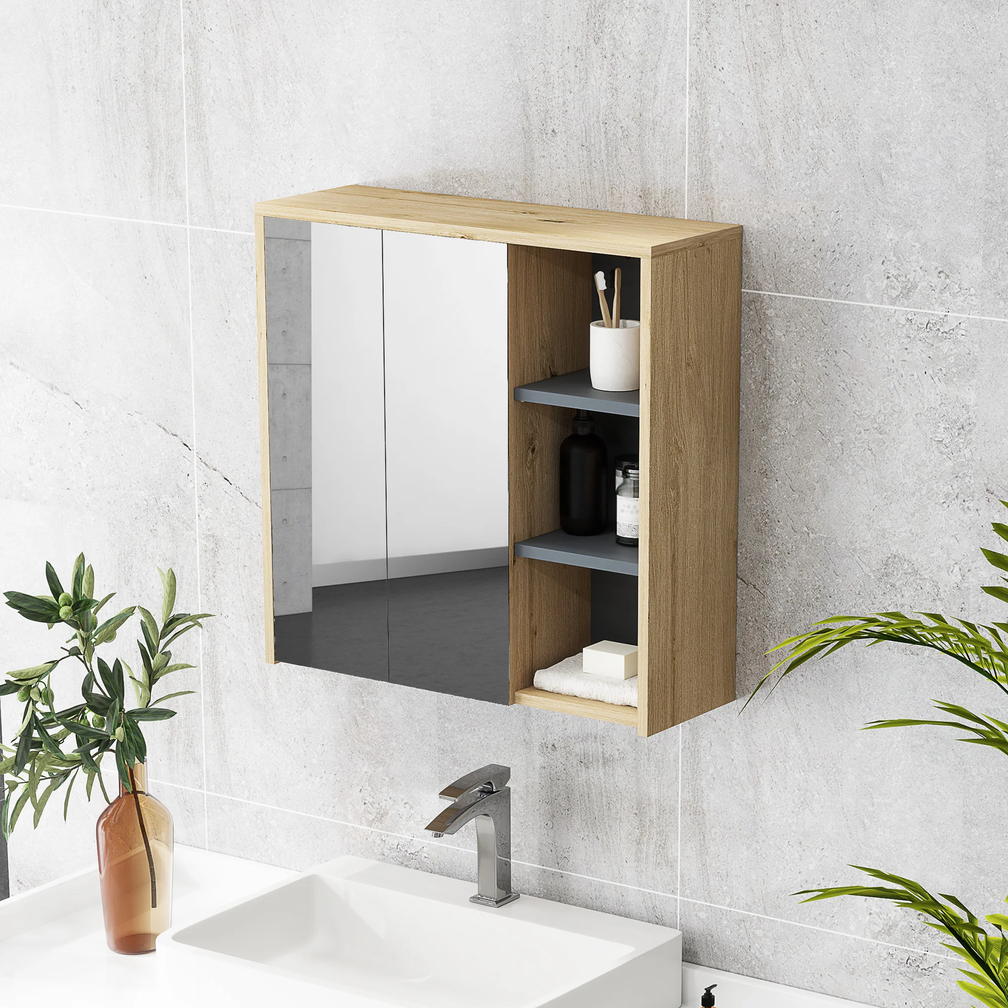 Armoire de salle de bain avec miroir armoire de toilette miroir montage mural avec 3 étagères ouverts 2 portes miroir 60 x 20 x 60 cm bois naturel - Image 9