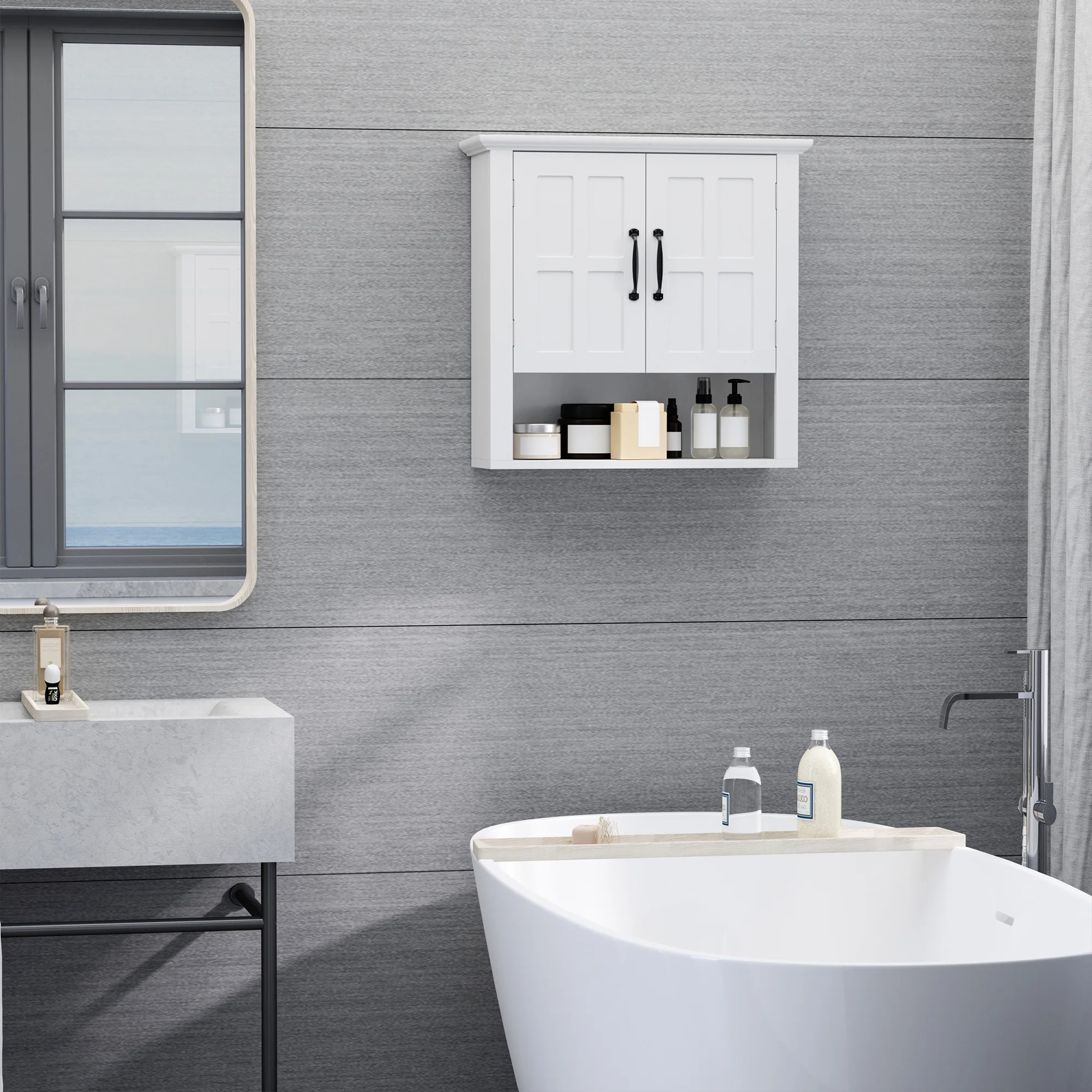Armoire Haute Murale de Salle de Bain ou WC Placard 2 Portes 2 étagères Niche dim. 60L x 20l x 58H cm MDF Panneaux Particules Blanc - Image 3