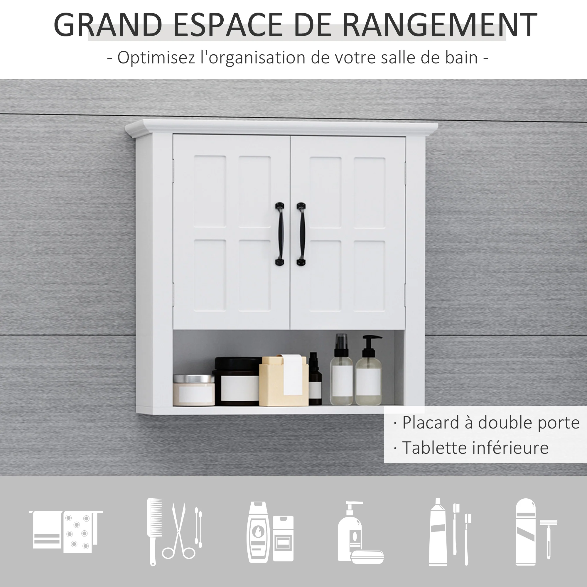 Armoire Haute Murale de Salle de Bain ou WC Placard 2 Portes 2 étagères Niche dim. 60L x 20l x 58H cm MDF Panneaux Particules Blanc - Image 5