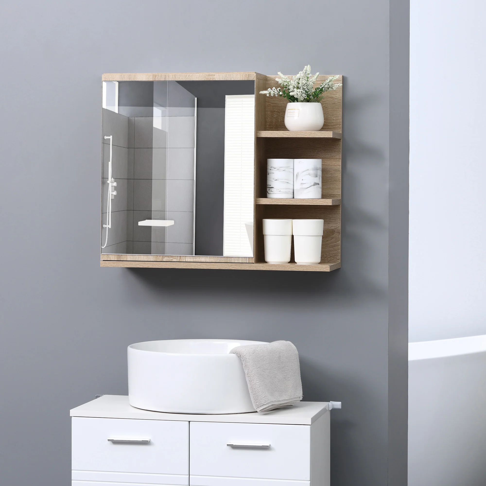 Armoire Miroir de Salle de Bain avec étagère - 3 étagères latérales - kit Installation Murale fourni - Panneaux Particules Aspect chêne Clair - Image 3