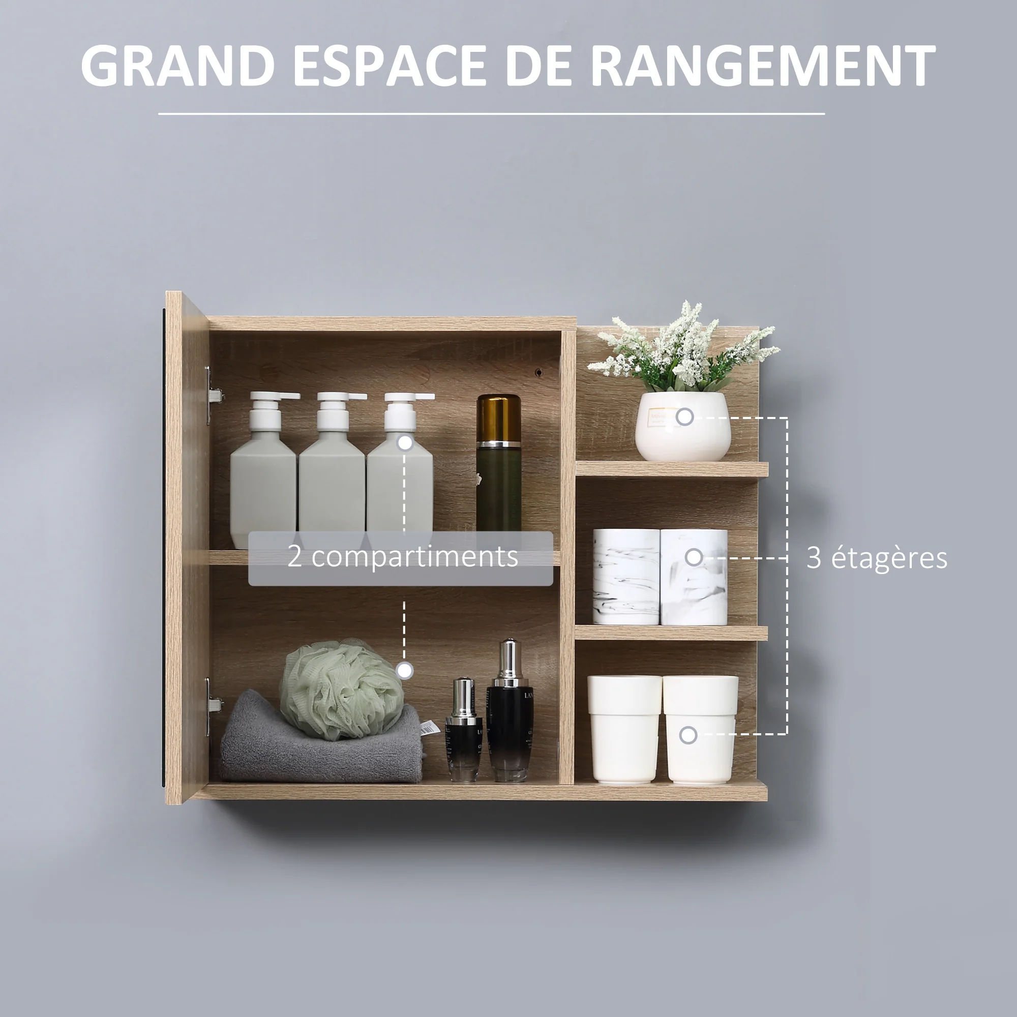 Armoire Miroir de Salle de Bain avec étagère - 3 étagères latérales - kit Installation Murale fourni - Panneaux Particules Aspect chêne Clair - Image 5