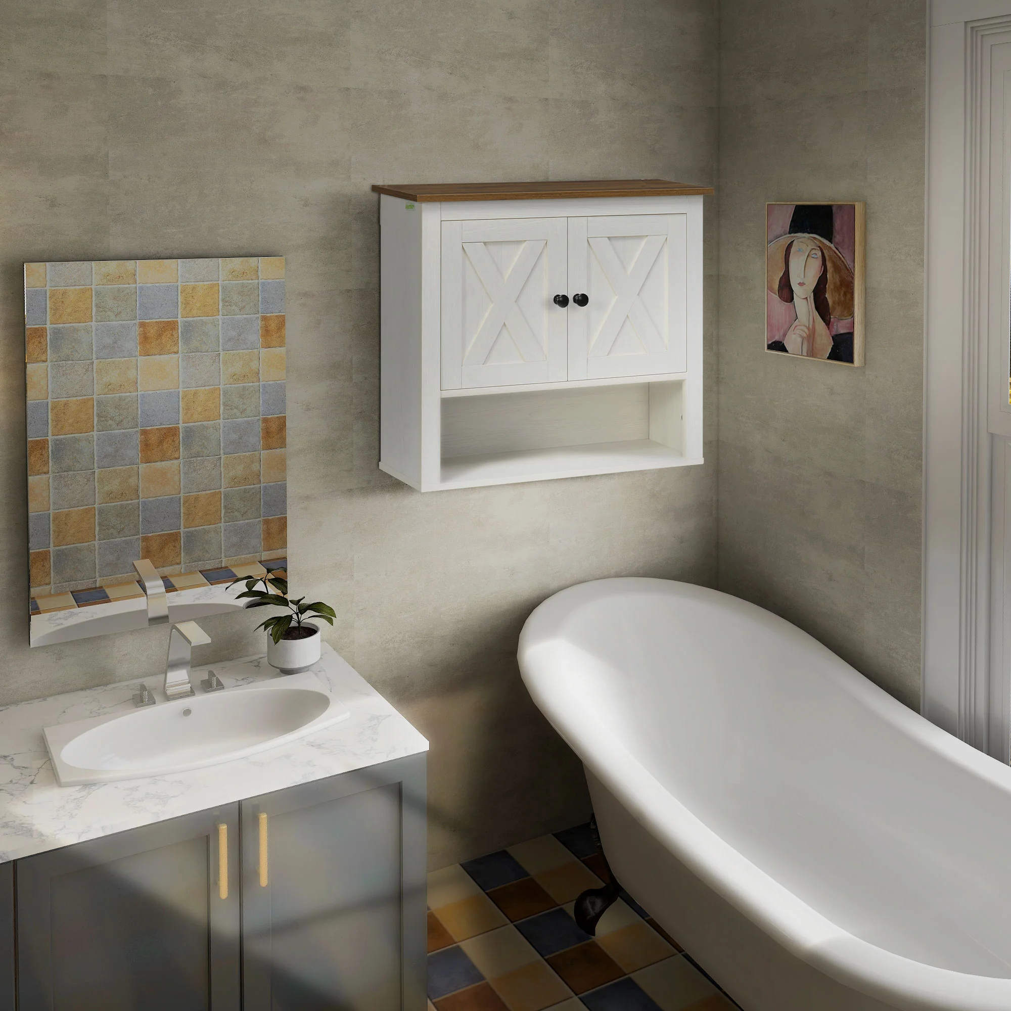 Armoire murale, armoire salle de bain, meuble wc suspendu avec placard à portess et compartiment ouvert, meuble haut salle de bain dim. 60 x 19,5 x 52,5 cm, blanc - Image 3