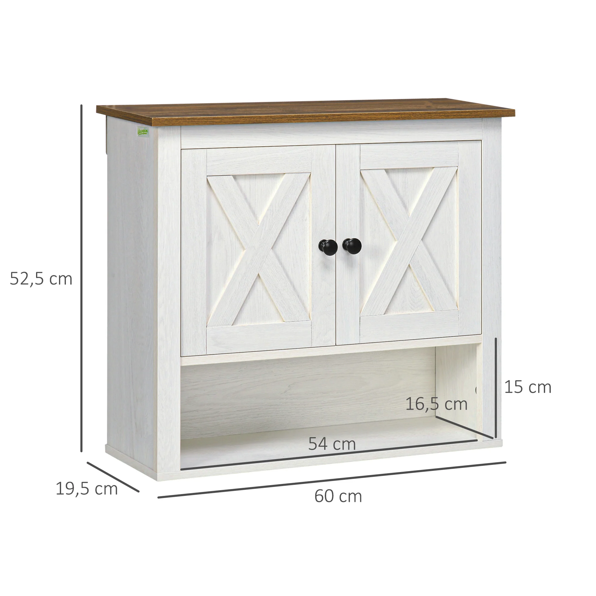 Armoire murale, armoire salle de bain, meuble wc suspendu avec placard à portess et compartiment ouvert, meuble haut salle de bain dim. 60 x 19,5 x 52,5 cm, blanc - Image 4