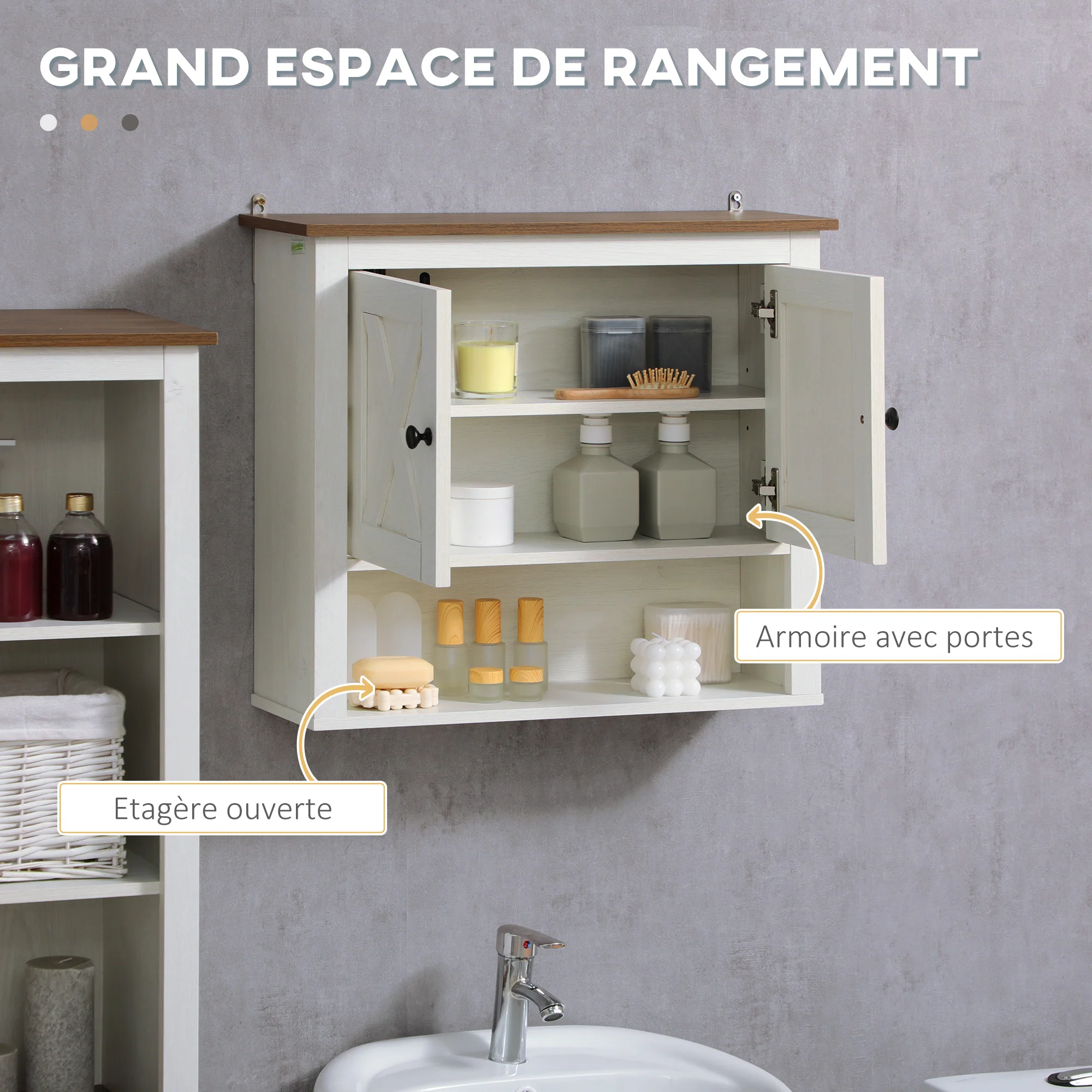 Armoire murale, armoire salle de bain, meuble wc suspendu avec placard à portess et compartiment ouvert, meuble haut salle de bain dim. 60 x 19,5 x 52,5 cm, blanc - Image 5