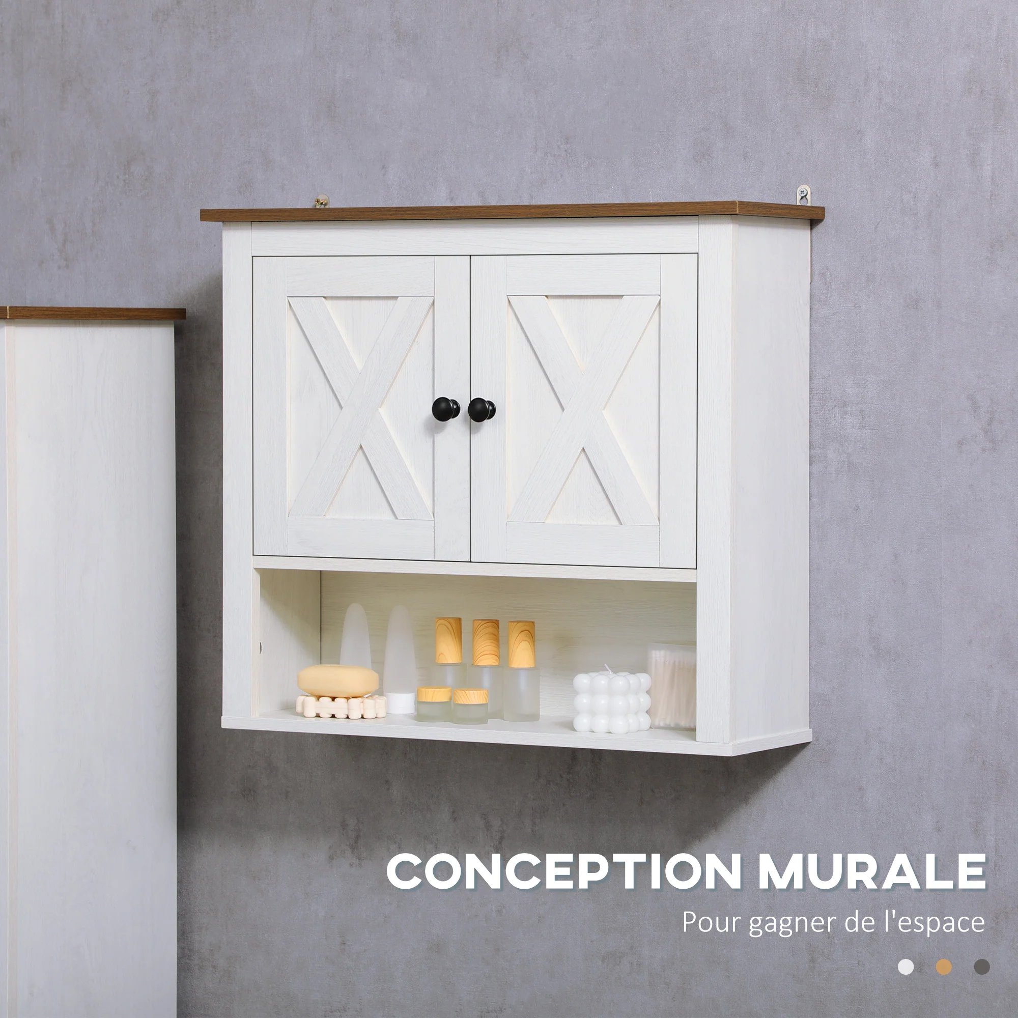 Armoire murale, armoire salle de bain, meuble wc suspendu avec placard à portess et compartiment ouvert, meuble haut salle de bain dim. 60 x 19,5 x 52,5 cm, blanc - Image 6