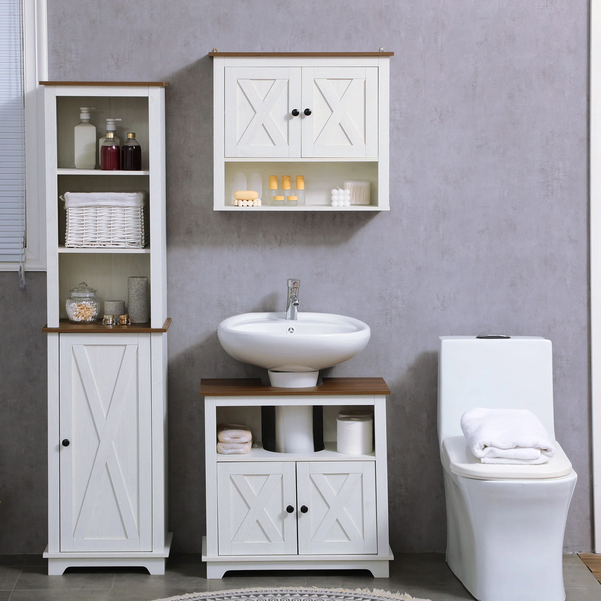 Armoire murale, armoire salle de bain, meuble wc suspendu avec placard à portess et compartiment ouvert, meuble haut salle de bain dim. 60 x 19,5 x 52,5 cm, blanc - Image 8