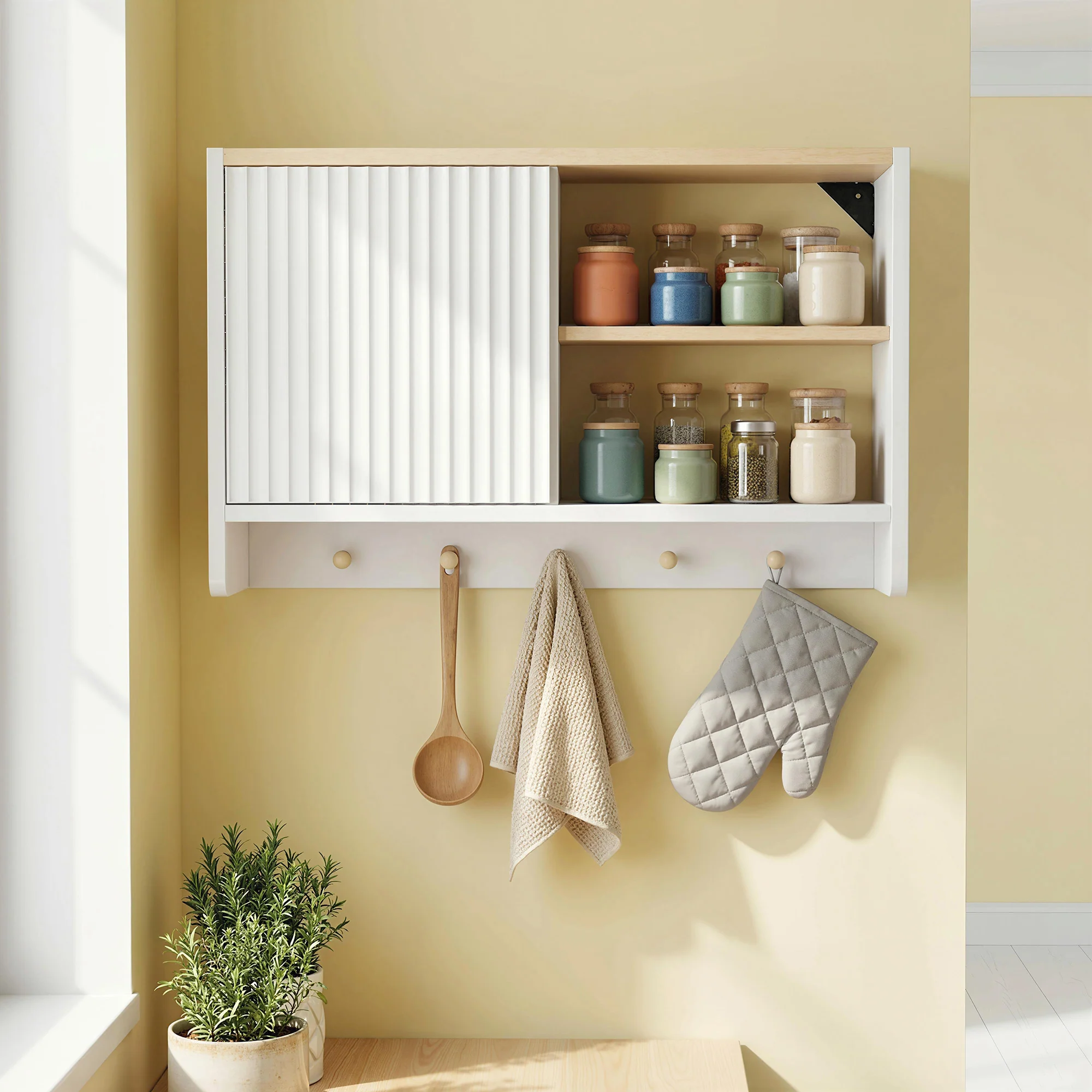 Armoire murale de salle de bain, meuble de rangement suspendu pour salle de bains avec porte, étagères ouvertes et 5 crochets, meuble WC suspendu, 60 x 20 x 40 cm, blanc et chêne - Image 10