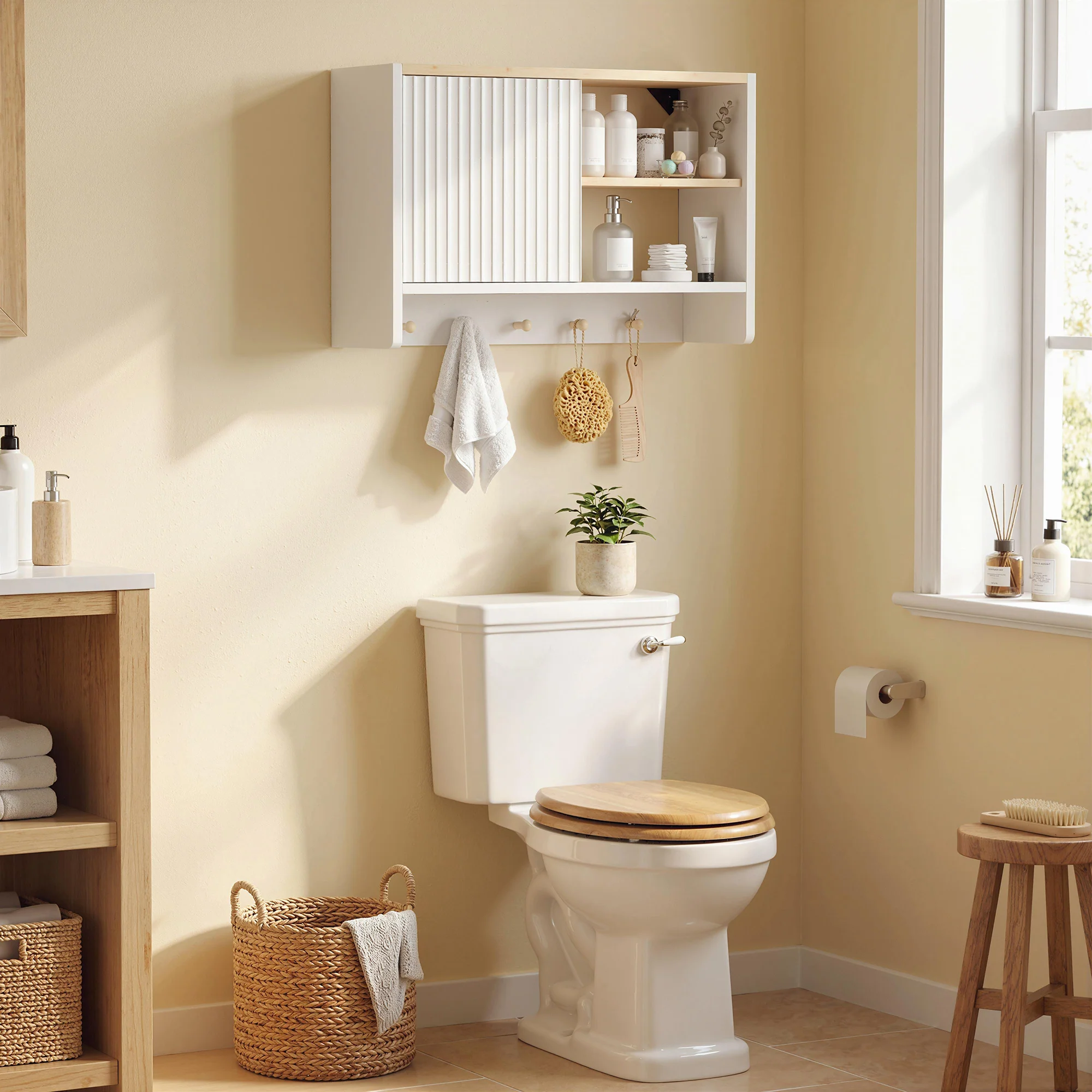 Armoire murale de salle de bain, meuble de rangement suspendu pour salle de bains avec porte, étagères ouvertes et 5 crochets, meuble WC suspendu, 60 x 20 x 40 cm, blanc et chêne - Image 11