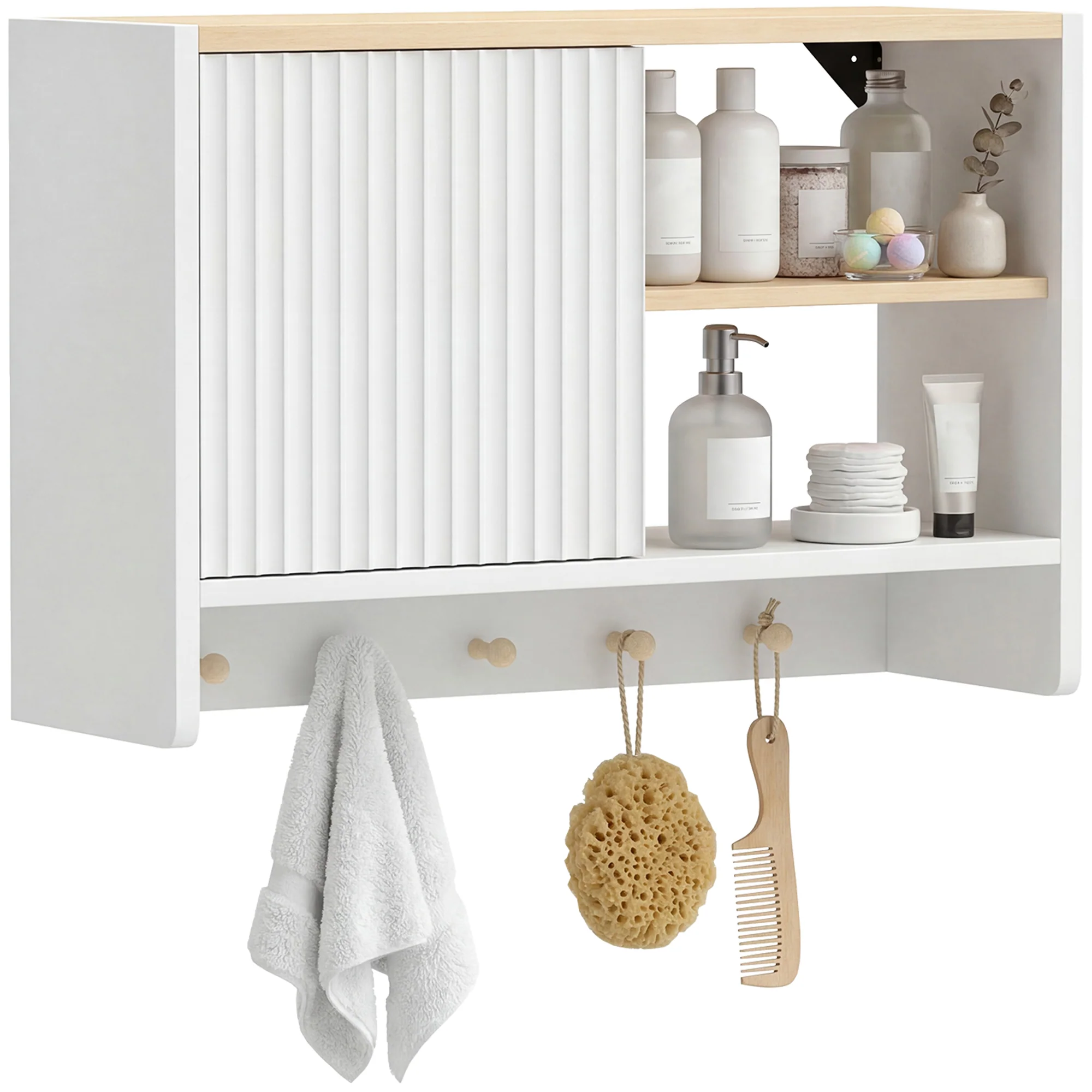 Armoire murale de salle de bain, meuble de rangement suspendu pour salle de bains avec porte, étagères ouvertes et 5 crochets, meuble WC suspendu, 60 x 20 x 40 cm, blanc et chêne - Image 12