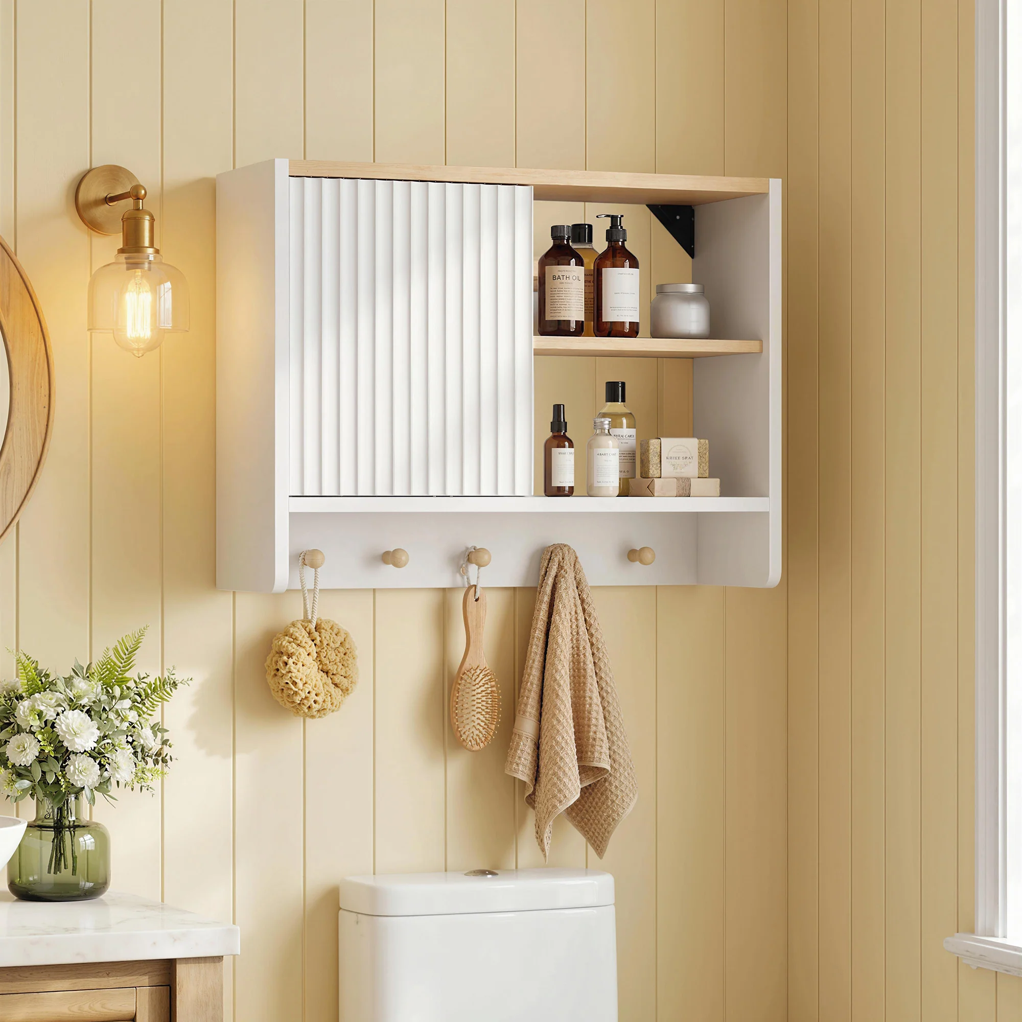 Armoire murale de salle de bain, meuble de rangement suspendu pour salle de bains avec porte, étagères ouvertes et 5 crochets, meuble WC suspendu, 60 x 20 x 40 cm, blanc et chêne - Image 3