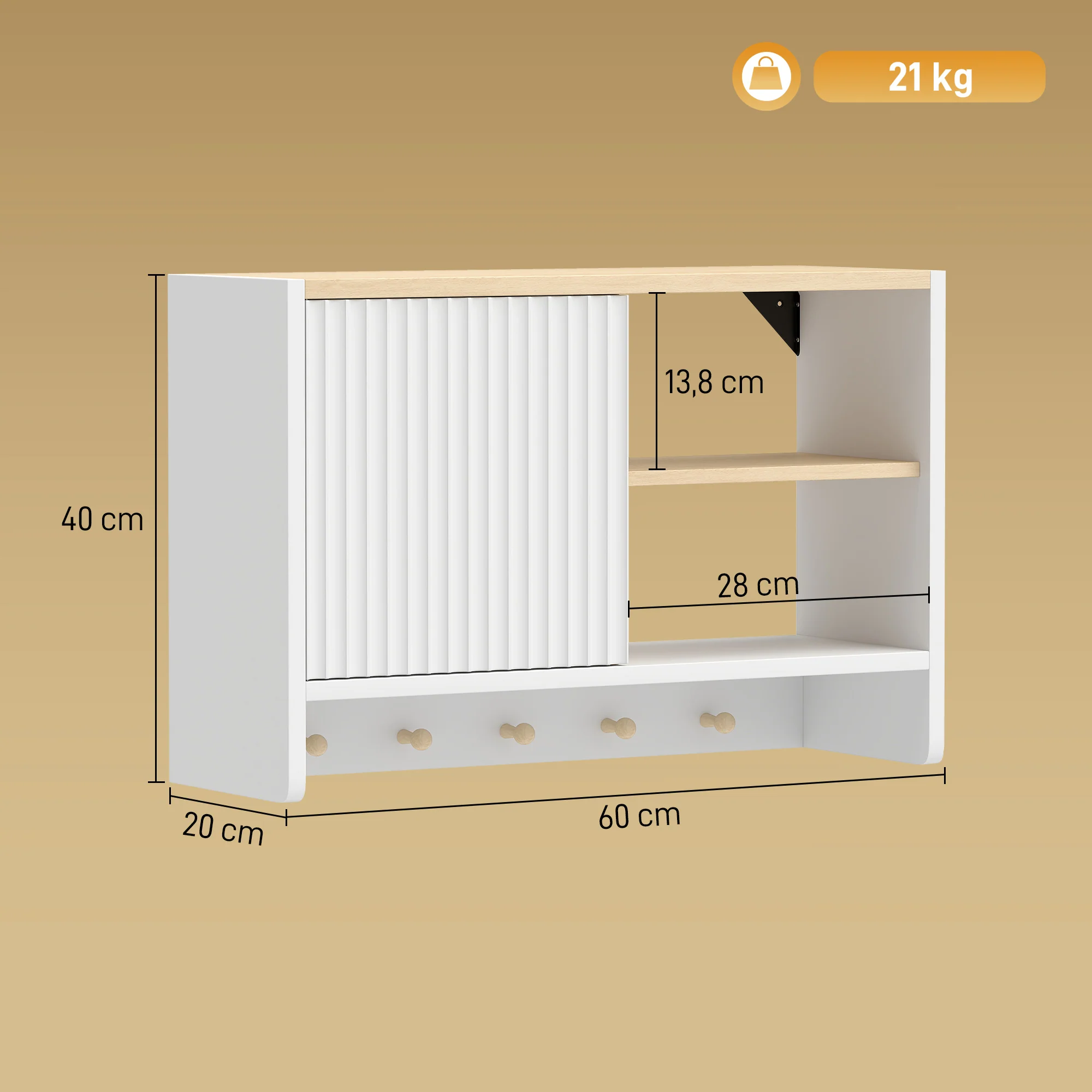 Armoire murale de salle de bain, meuble de rangement suspendu pour salle de bains avec porte, étagères ouvertes et 5 crochets, meuble WC suspendu, 60 x 20 x 40 cm, blanc et chêne - Image 4