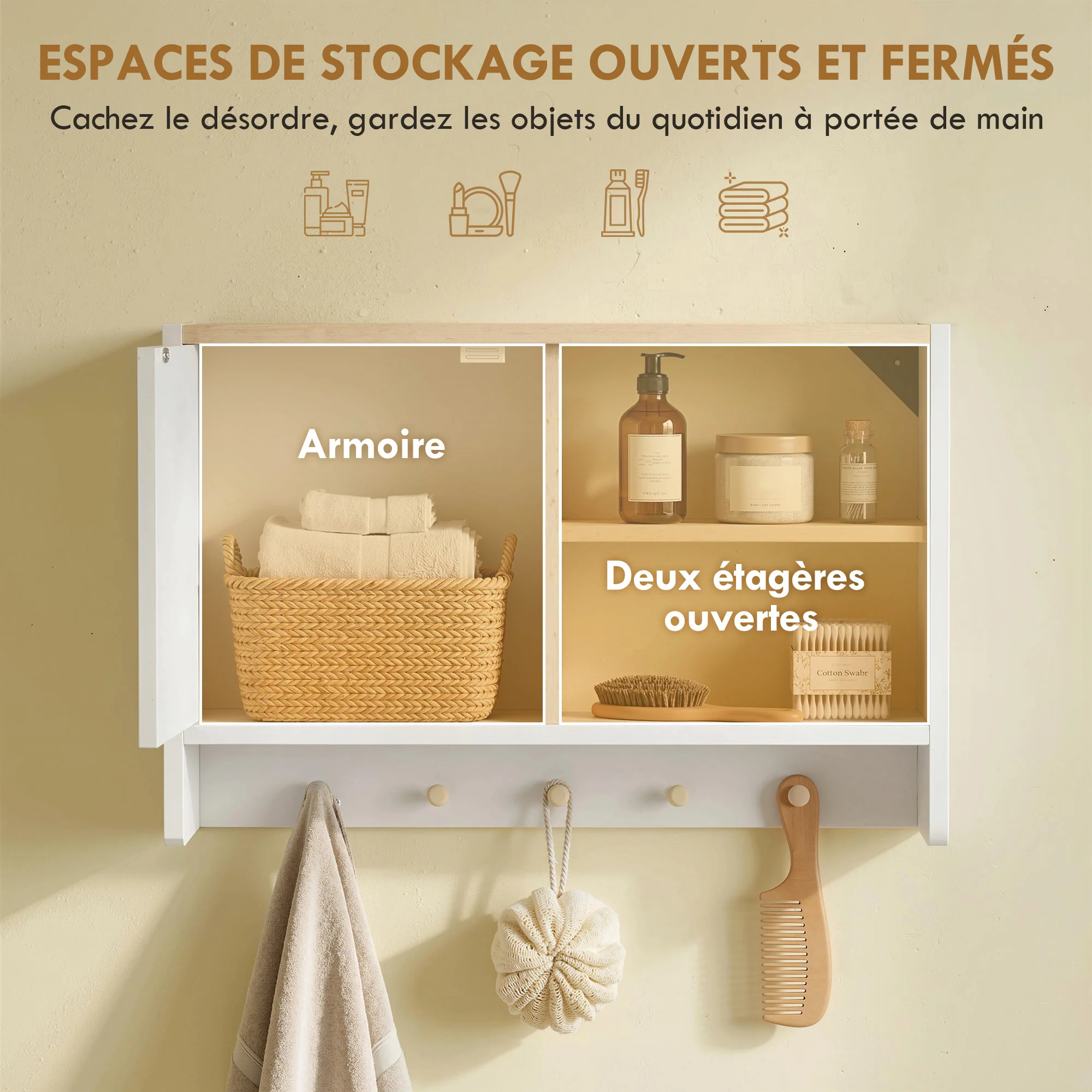 Armoire murale de salle de bain, meuble de rangement suspendu pour salle de bains avec porte, étagères ouvertes et 5 crochets, meuble WC suspendu, 60 x 20 x 40 cm, blanc et chêne - Image 5