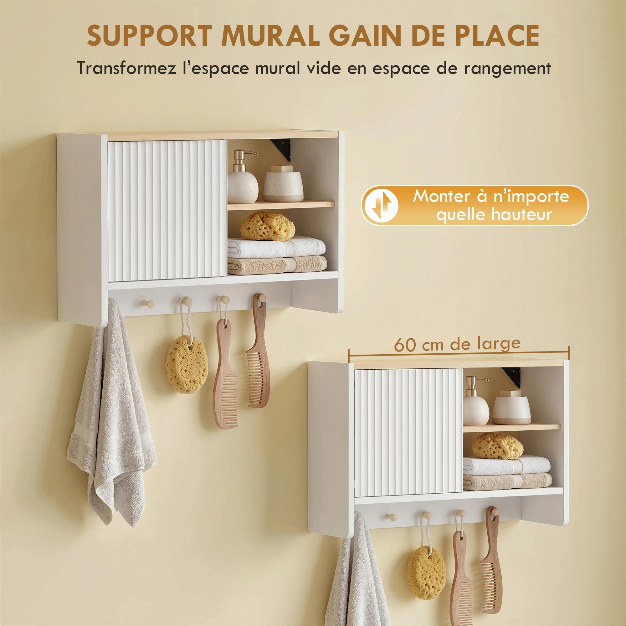 Armoire murale de salle de bain, meuble de rangement suspendu pour salle de bains avec porte, étagères ouvertes et 5 crochets, meuble WC suspendu, 60 x 20 x 40 cm, blanc et chêne - Image 6