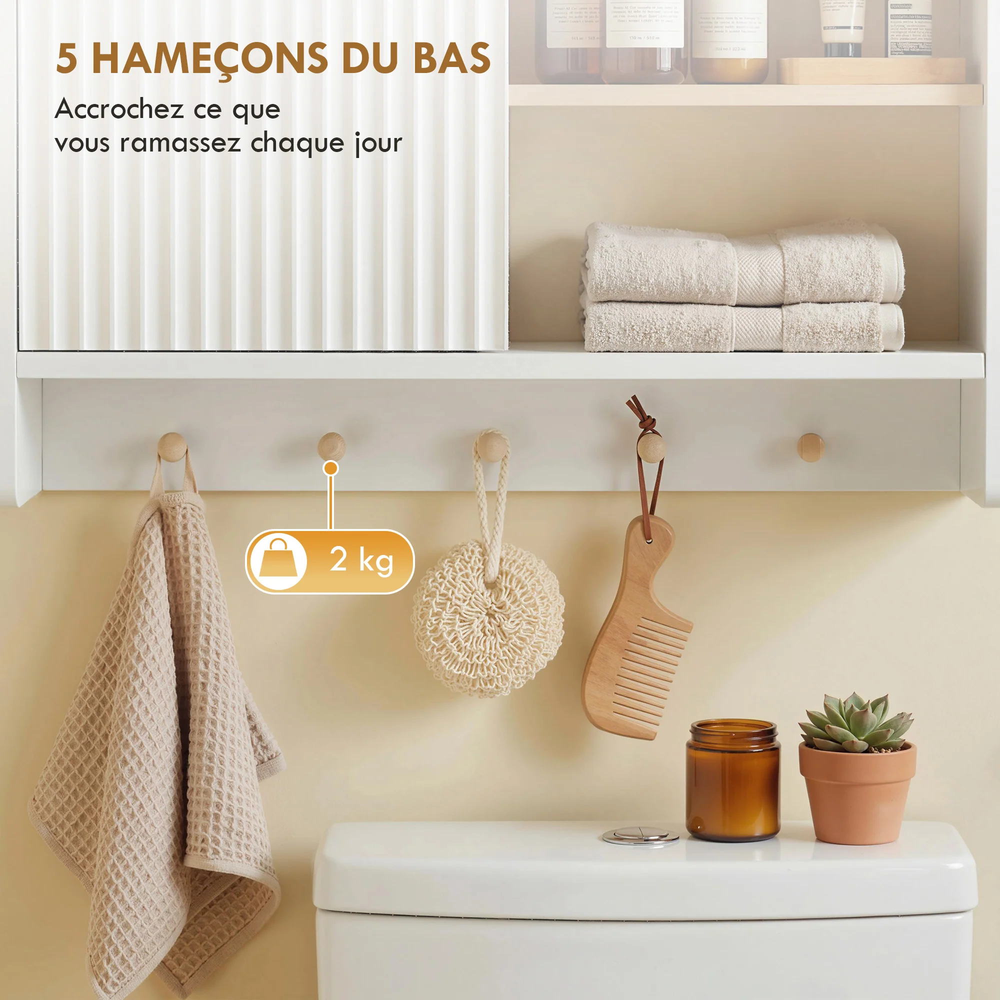 Armoire murale de salle de bain, meuble de rangement suspendu pour salle de bains avec porte, étagères ouvertes et 5 crochets, meuble WC suspendu, 60 x 20 x 40 cm, blanc et chêne - Image 7