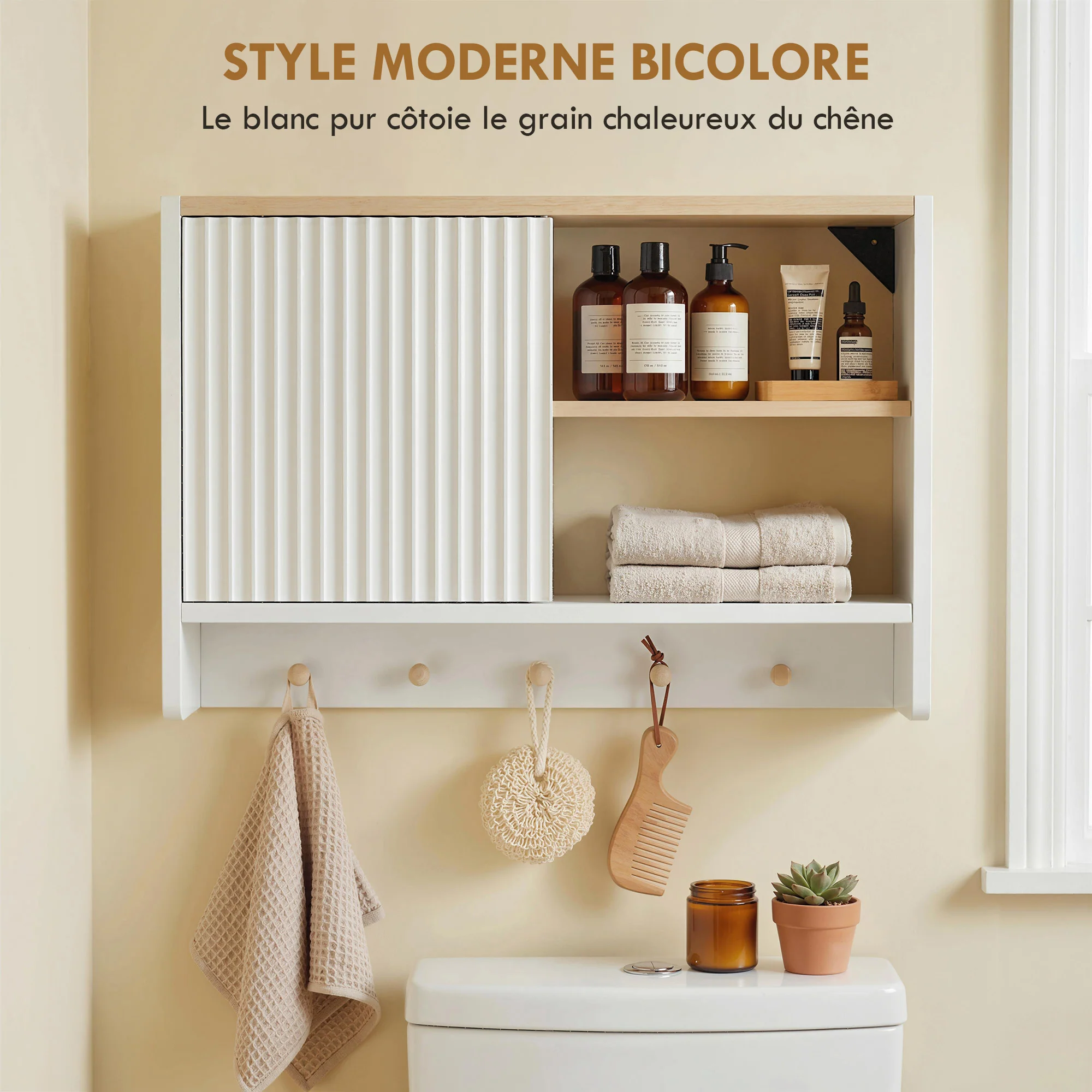 Armoire murale de salle de bain, meuble de rangement suspendu pour salle de bains avec porte, étagères ouvertes et 5 crochets, meuble WC suspendu, 60 x 20 x 40 cm, blanc et chêne - Image 8