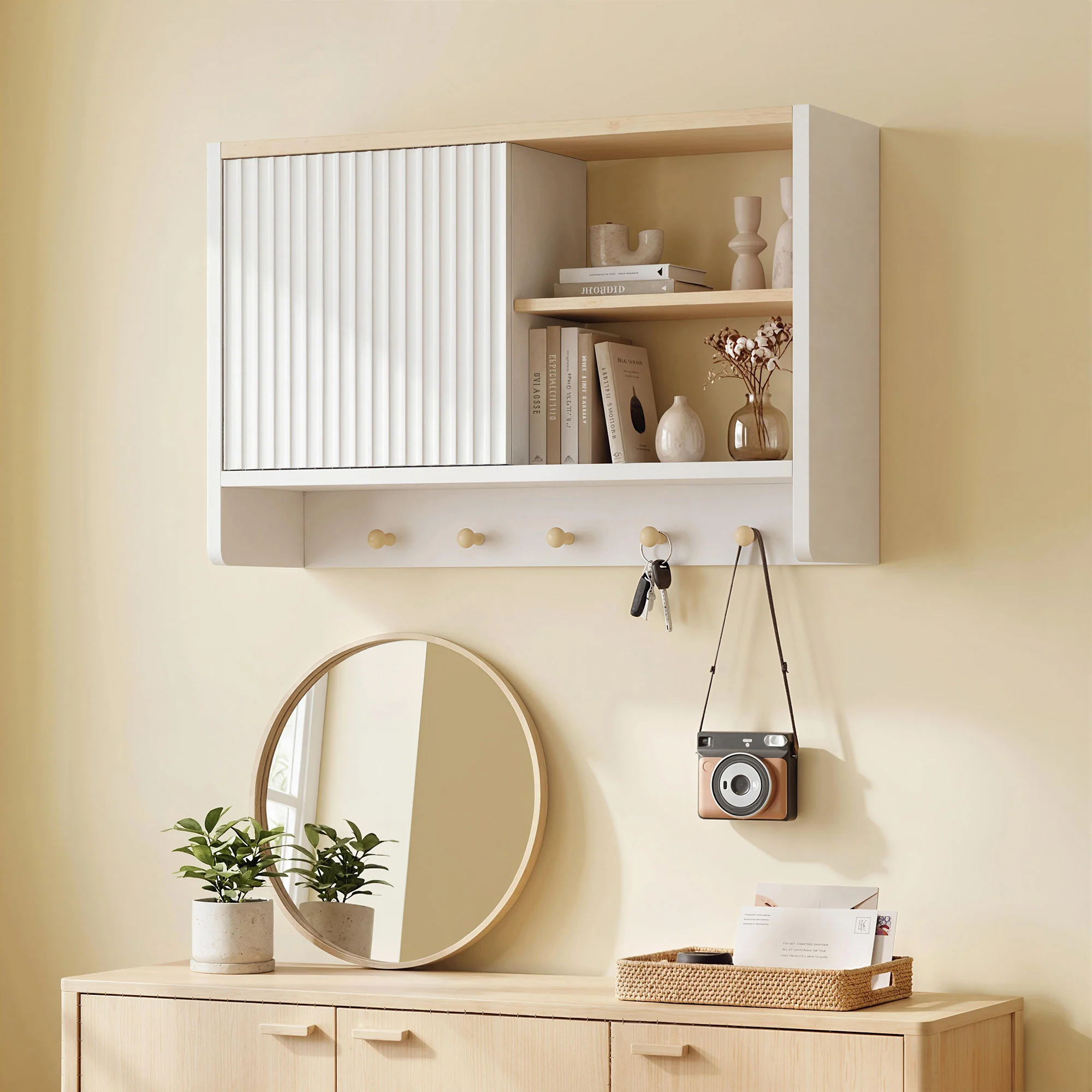 Armoire murale de salle de bain, meuble de rangement suspendu pour salle de bains avec porte, étagères ouvertes et 5 crochets, meuble WC suspendu, 60 x 20 x 40 cm, blanc et chêne - Image 9