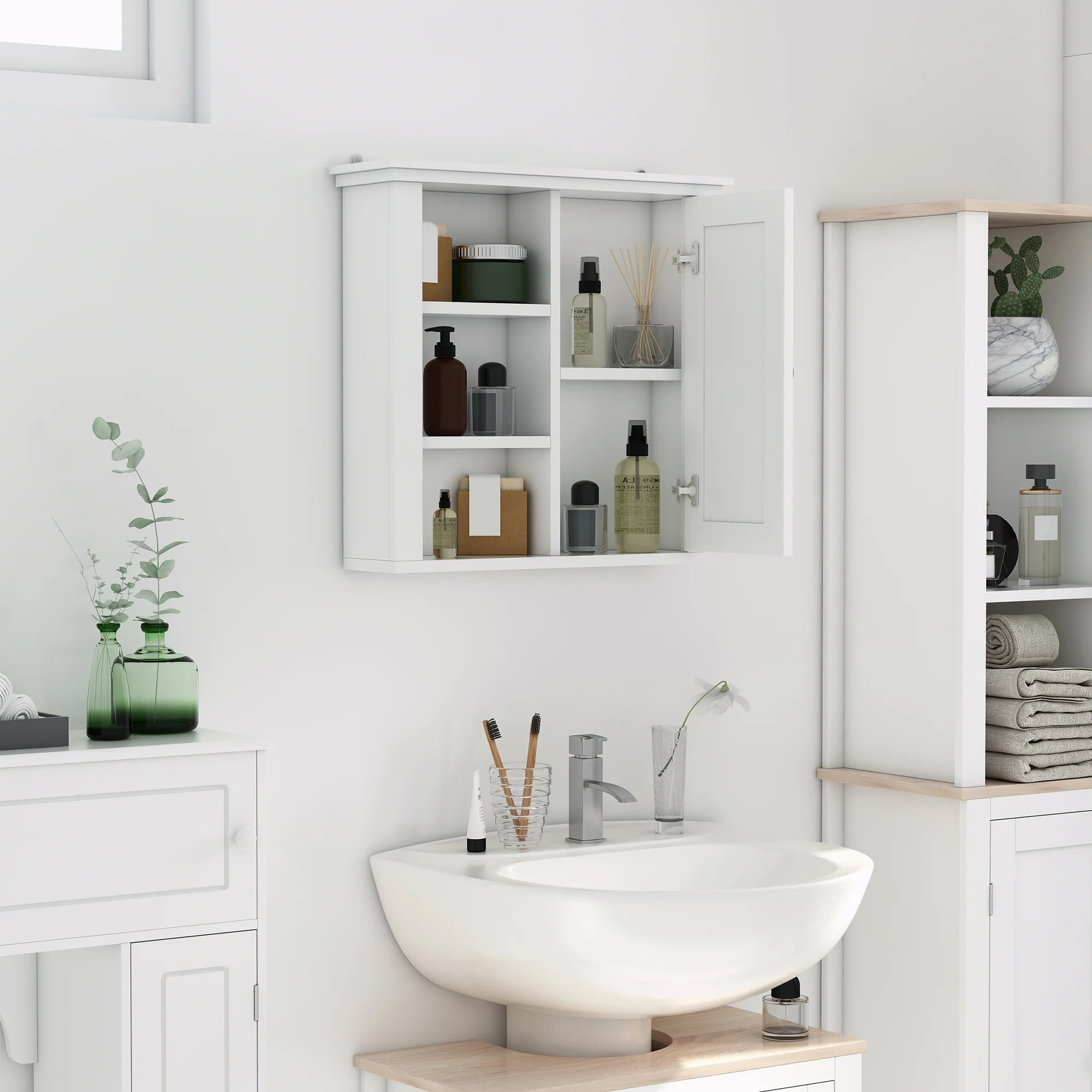 Armoire Murale de Salle de Bain Meuble Suspendu WC Placard 1 Porte 3 niches dim. 53L x 14,5l x 50,5H cm en bois Blanc - Image 3