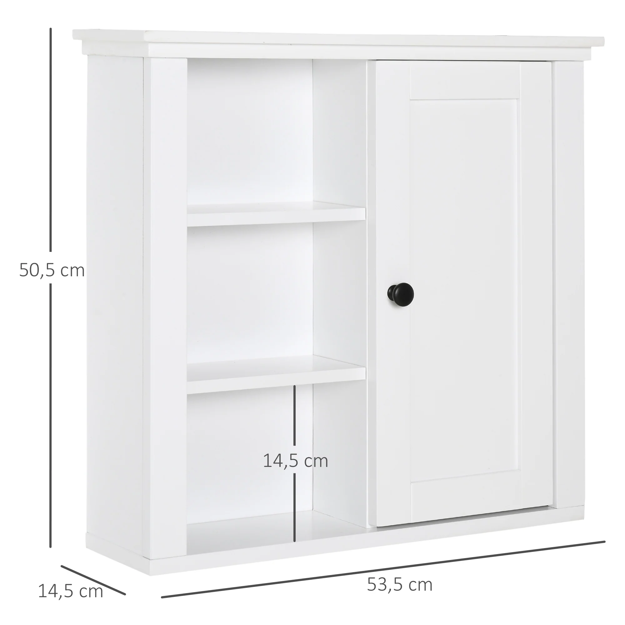 Armoire Murale de Salle de Bain Meuble Suspendu WC Placard 1 Porte 3 niches dim. 53L x 14,5l x 50,5H cm en bois Blanc - Image 4
