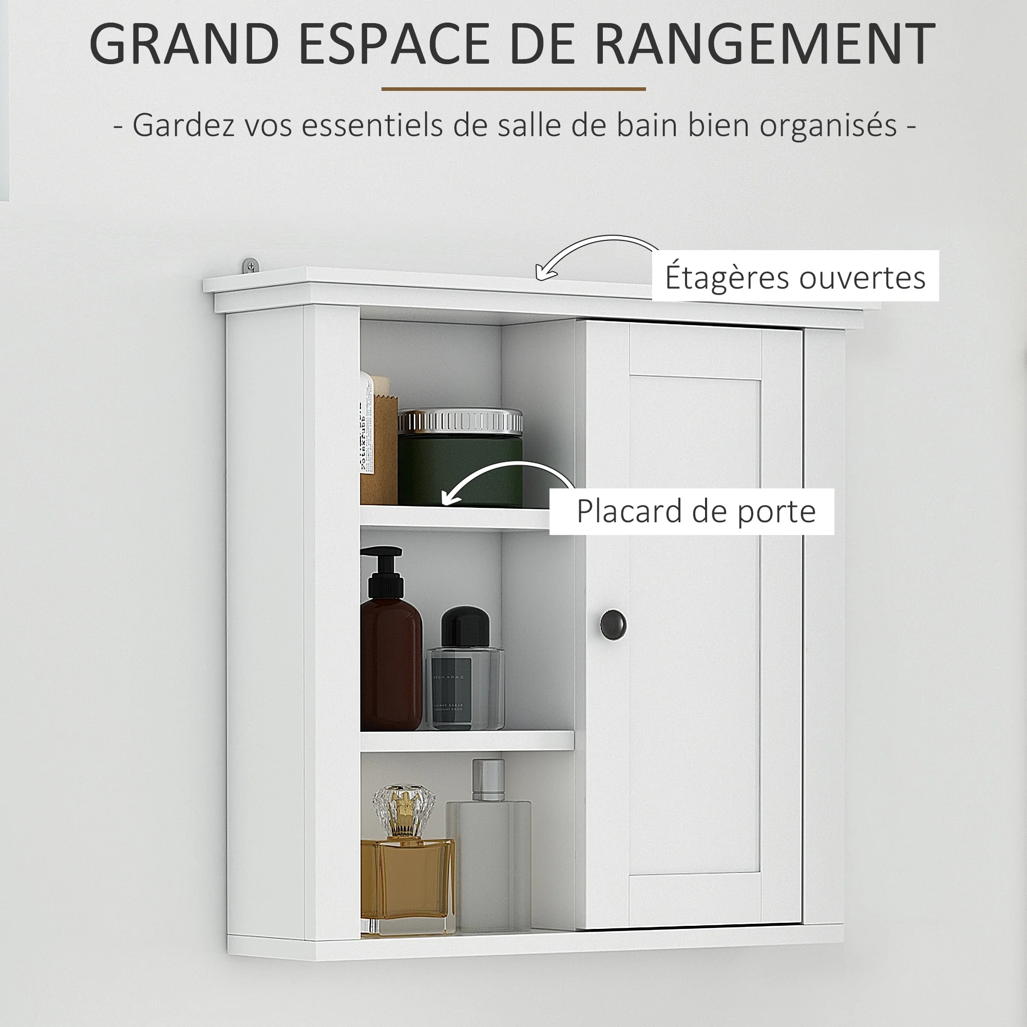 Armoire Murale de Salle de Bain Meuble Suspendu WC Placard 1 Porte 3 niches dim. 53L x 14,5l x 50,5H cm en bois Blanc - Image 7