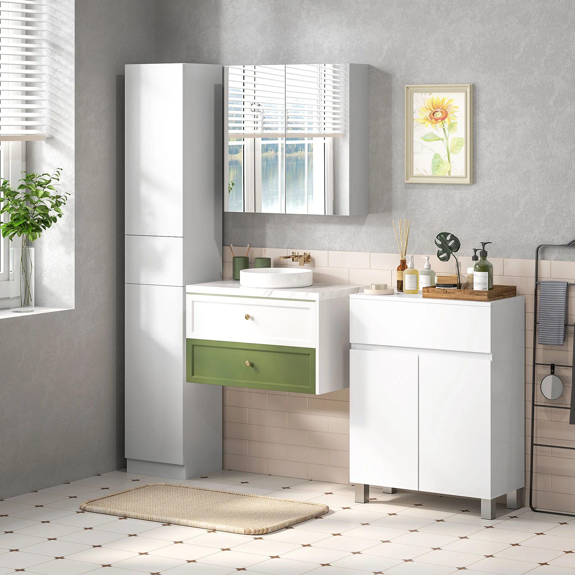 Armoire murale de salle de bain, placard de rangement, 3 niveaux, étagère réglable, 2 portes et miroirs, armoire suspendue, 60 x 15 x 60 cm, blanc - Image 10