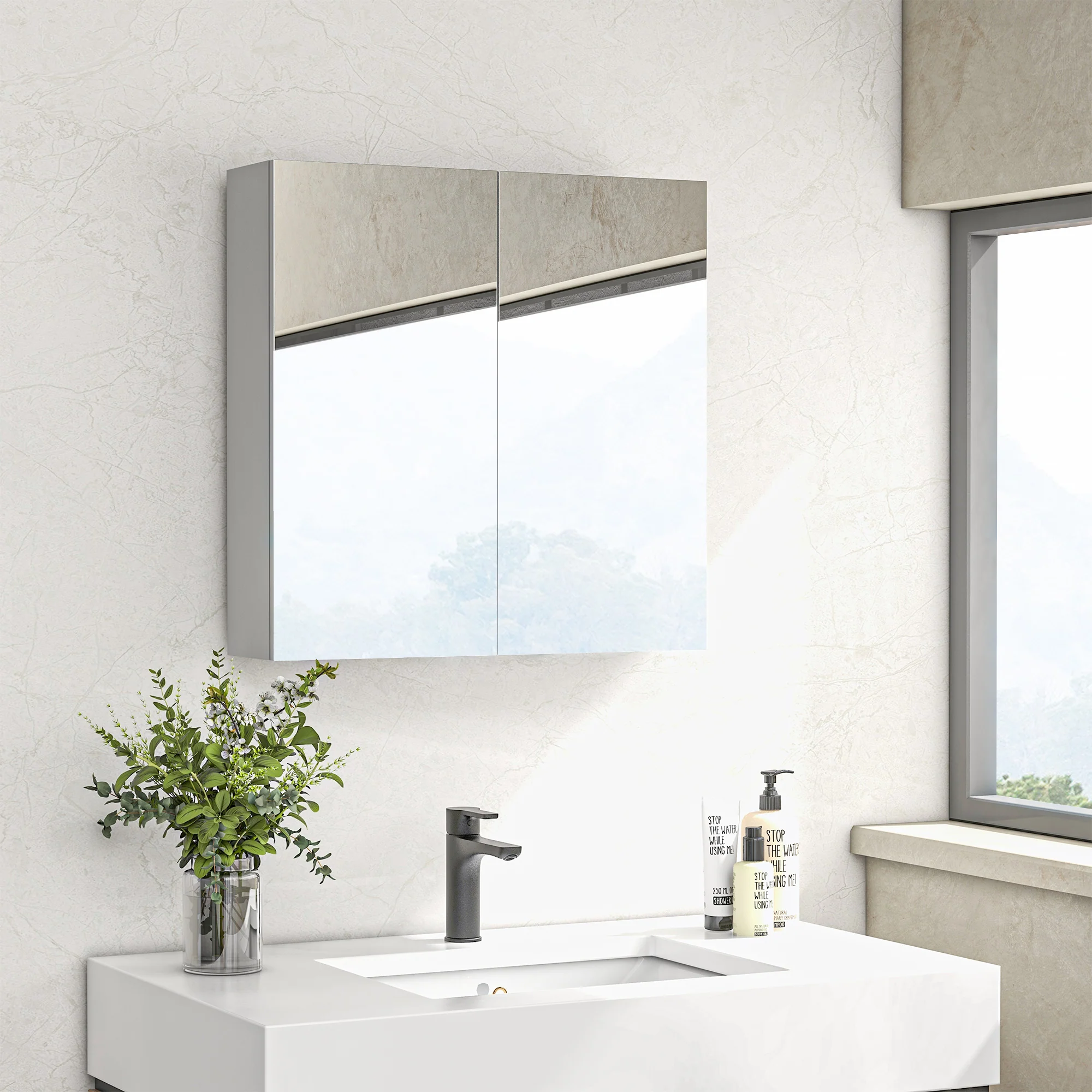 Armoire murale de salle de bain, placard de rangement, 3 niveaux, étagère réglable, 2 portes et miroirs, armoire suspendue, 60 x 15 x 60 cm, blanc - Image 3