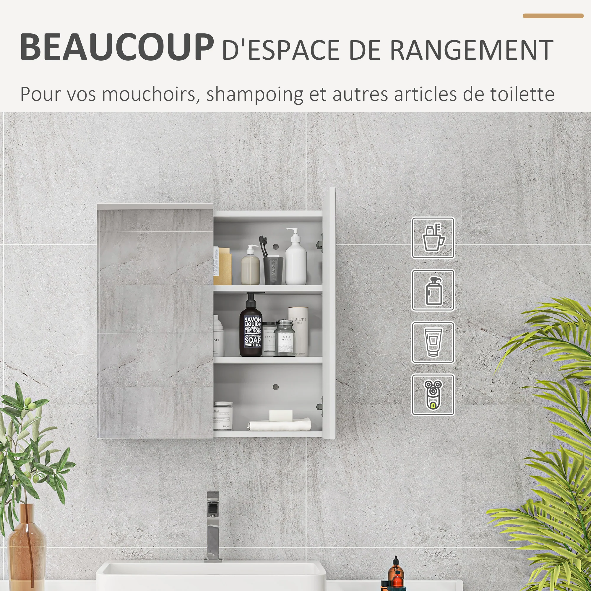 Armoire murale de salle de bain, placard de rangement, 3 niveaux, étagère réglable, 2 portes et miroirs, armoire suspendue, 60 x 15 x 60 cm, blanc - Image 5