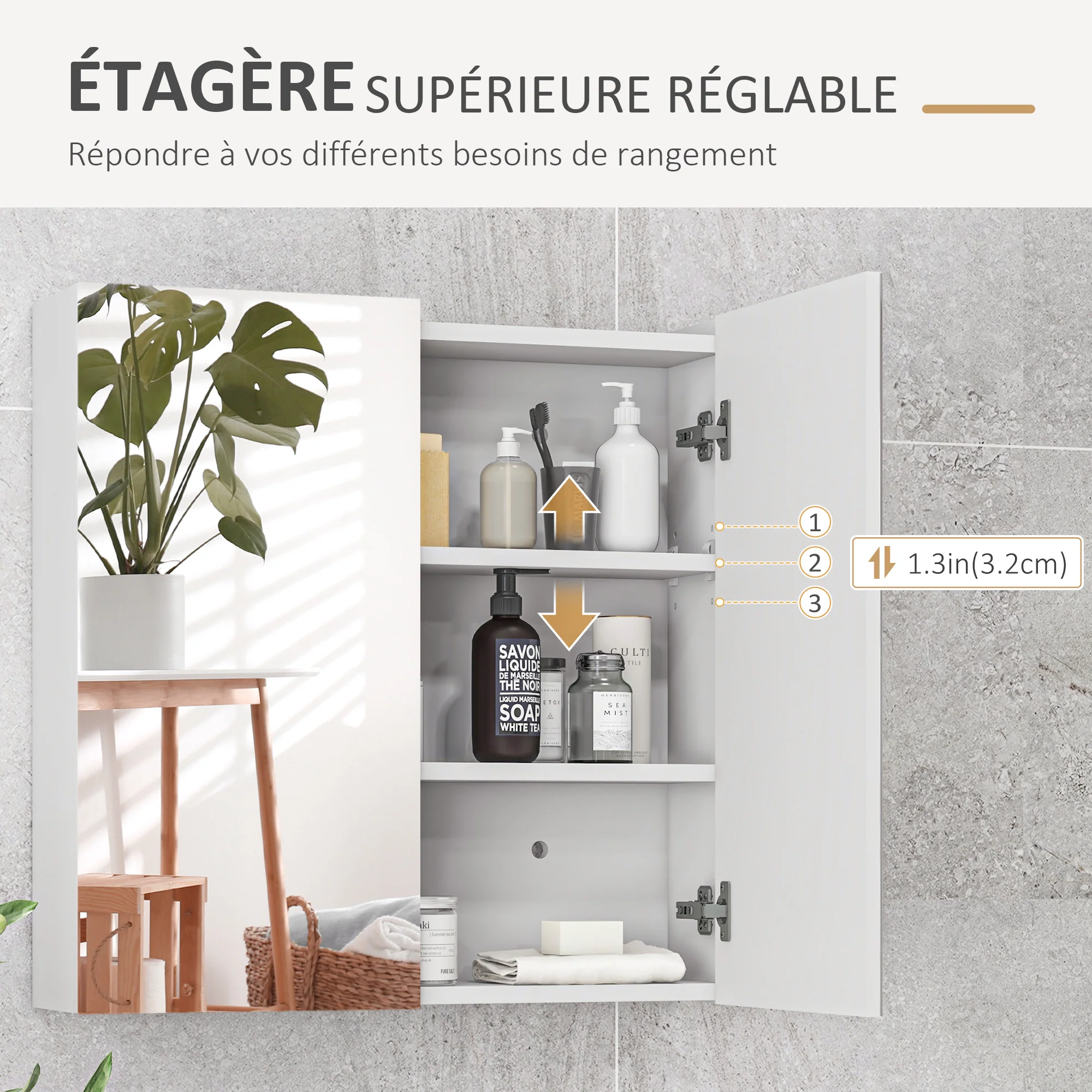 Armoire murale de salle de bain, placard de rangement, 3 niveaux, étagère réglable, 2 portes et miroirs, armoire suspendue, 60 x 15 x 60 cm, blanc - Image 6