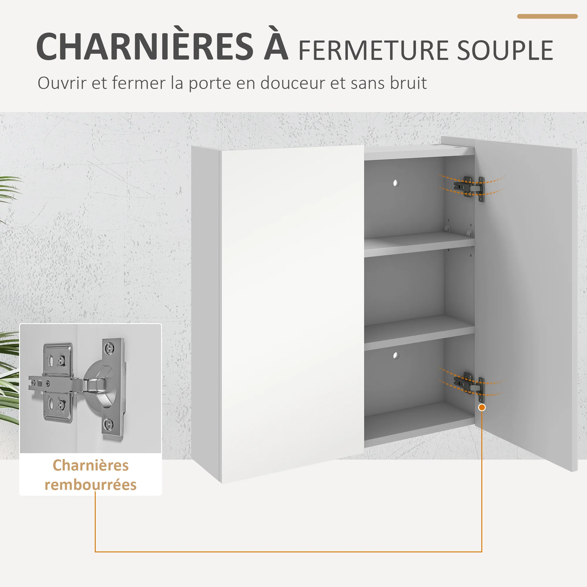 Armoire murale de salle de bain, placard de rangement, 3 niveaux, étagère réglable, 2 portes et miroirs, armoire suspendue, 60 x 15 x 60 cm, blanc - Image 8