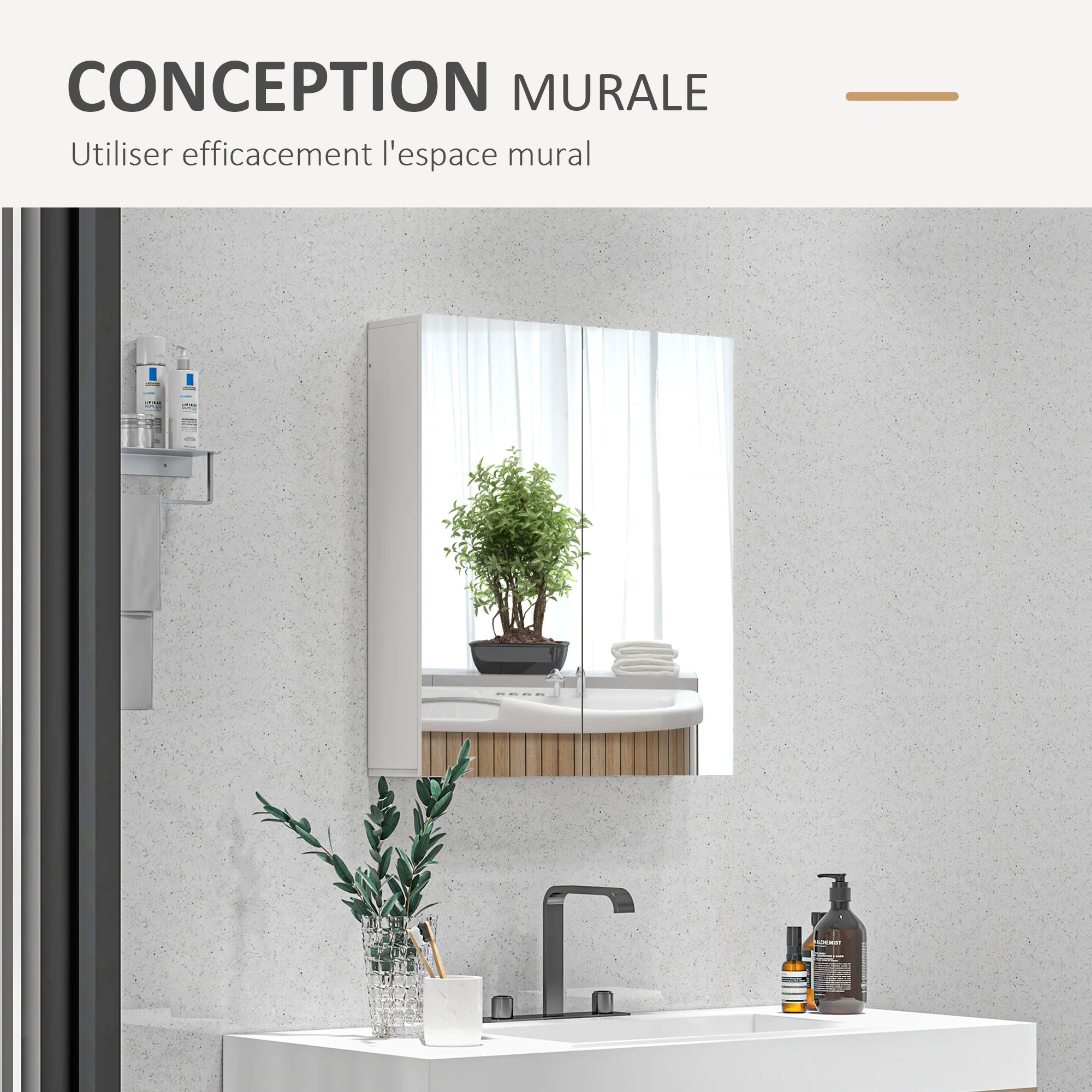 Armoire murale de salle de bain, placard de rangement, 3 niveaux, étagère réglable, 2 portes et miroirs, armoire suspendue, 60 x 15 x 60 cm, blanc - Image 9