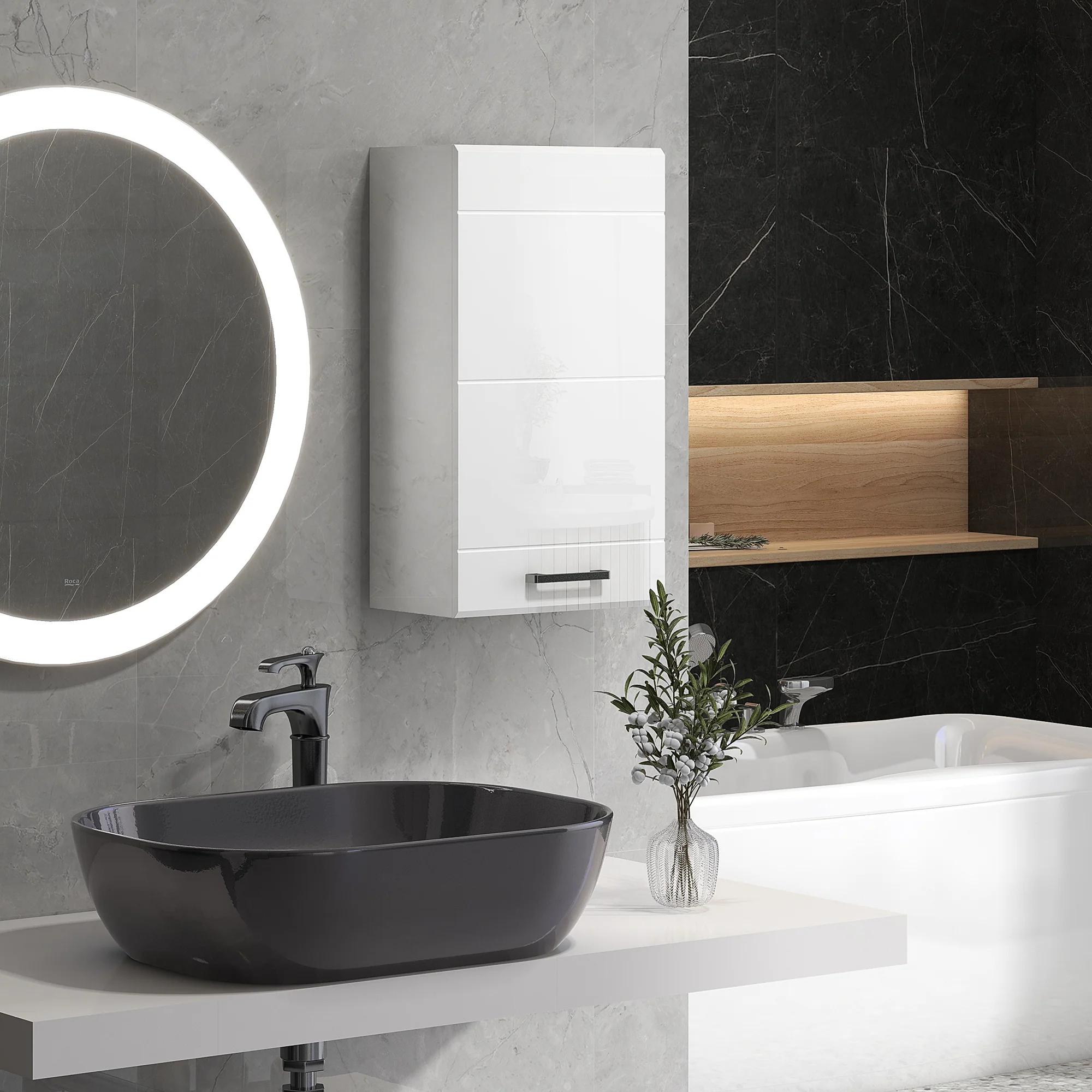 Armoire murale de salle de bain, placard de rangement toilette 3 niveaux, étagère réglable, 1 porte, moderne, armoire suspendue, 37 x 22,5 x 70 cm, blanc haut brillant - Image 3