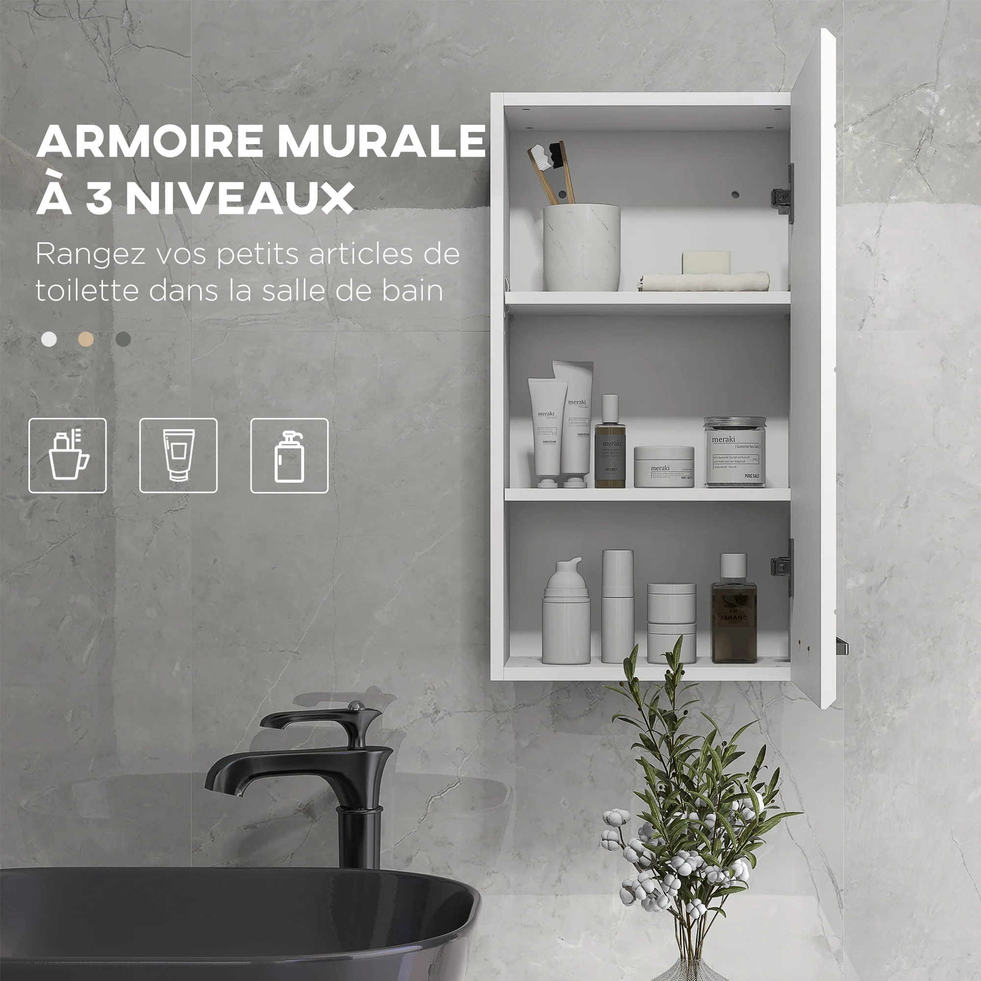 Armoire murale de salle de bain, placard de rangement toilette 3 niveaux, étagère réglable, 1 porte, moderne, armoire suspendue, 37 x 22,5 x 70 cm, blanc haut brillant - Image 5