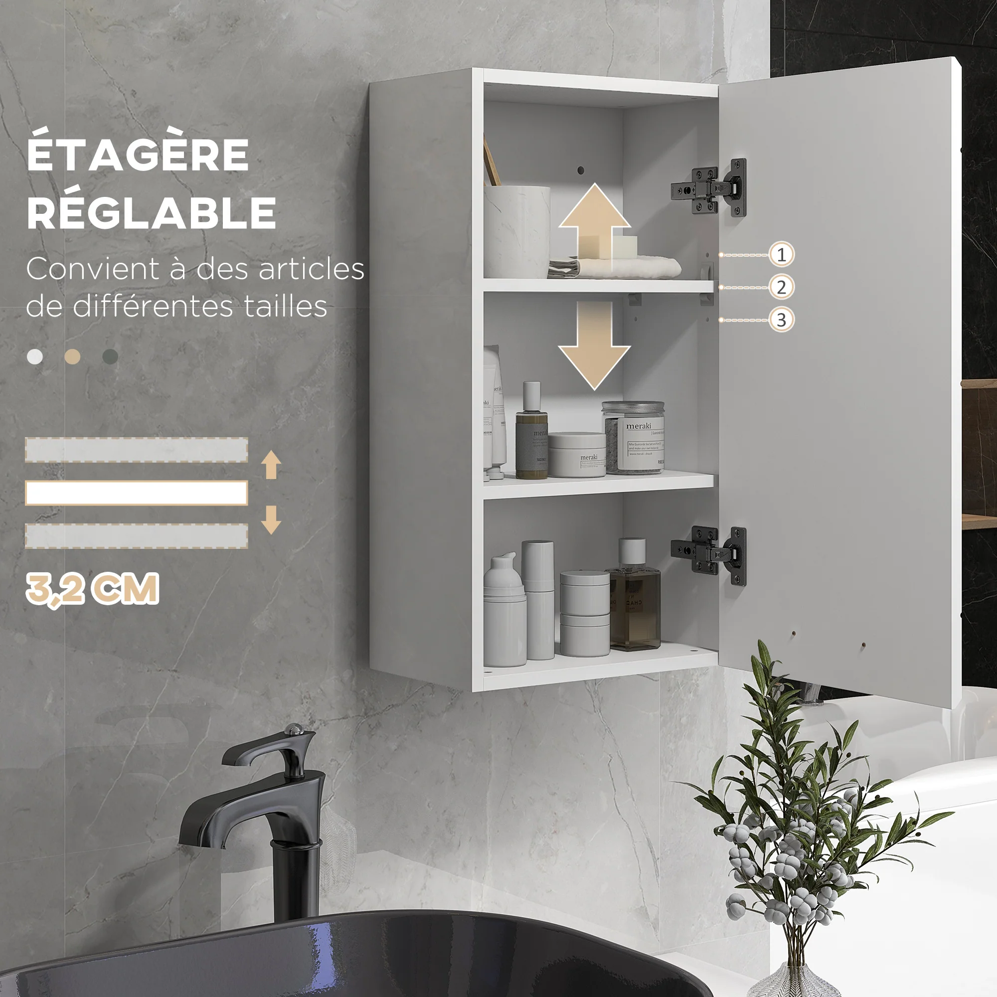 Armoire murale de salle de bain, placard de rangement toilette 3 niveaux, étagère réglable, 1 porte, moderne, armoire suspendue, 37 x 22,5 x 70 cm, blanc haut brillant - Image 6