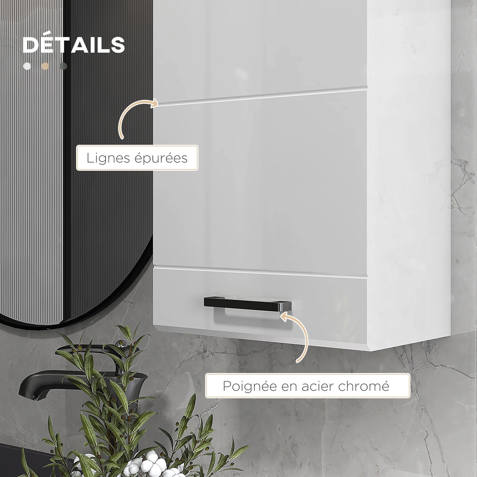 Armoire murale de salle de bain, placard de rangement toilette 3 niveaux, étagère réglable, 1 porte, moderne, armoire suspendue, 37 x 22,5 x 70 cm, blanc haut brillant - Image 7