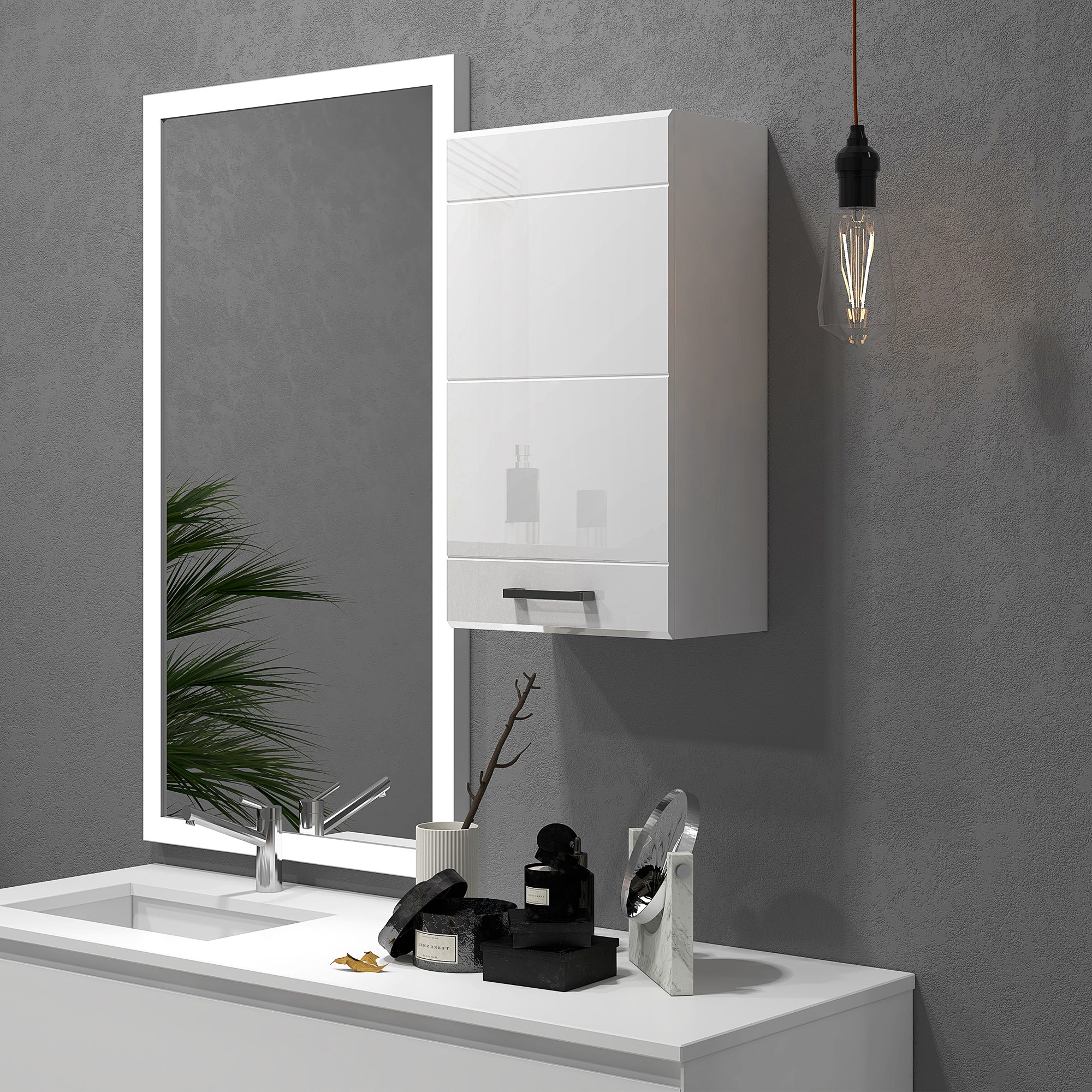 Armoire murale de salle de bain, placard de rangement toilette 3 niveaux, étagère réglable, 1 porte, moderne, armoire suspendue, 37 x 22,5 x 70 cm, blanc haut brillant - Image 8