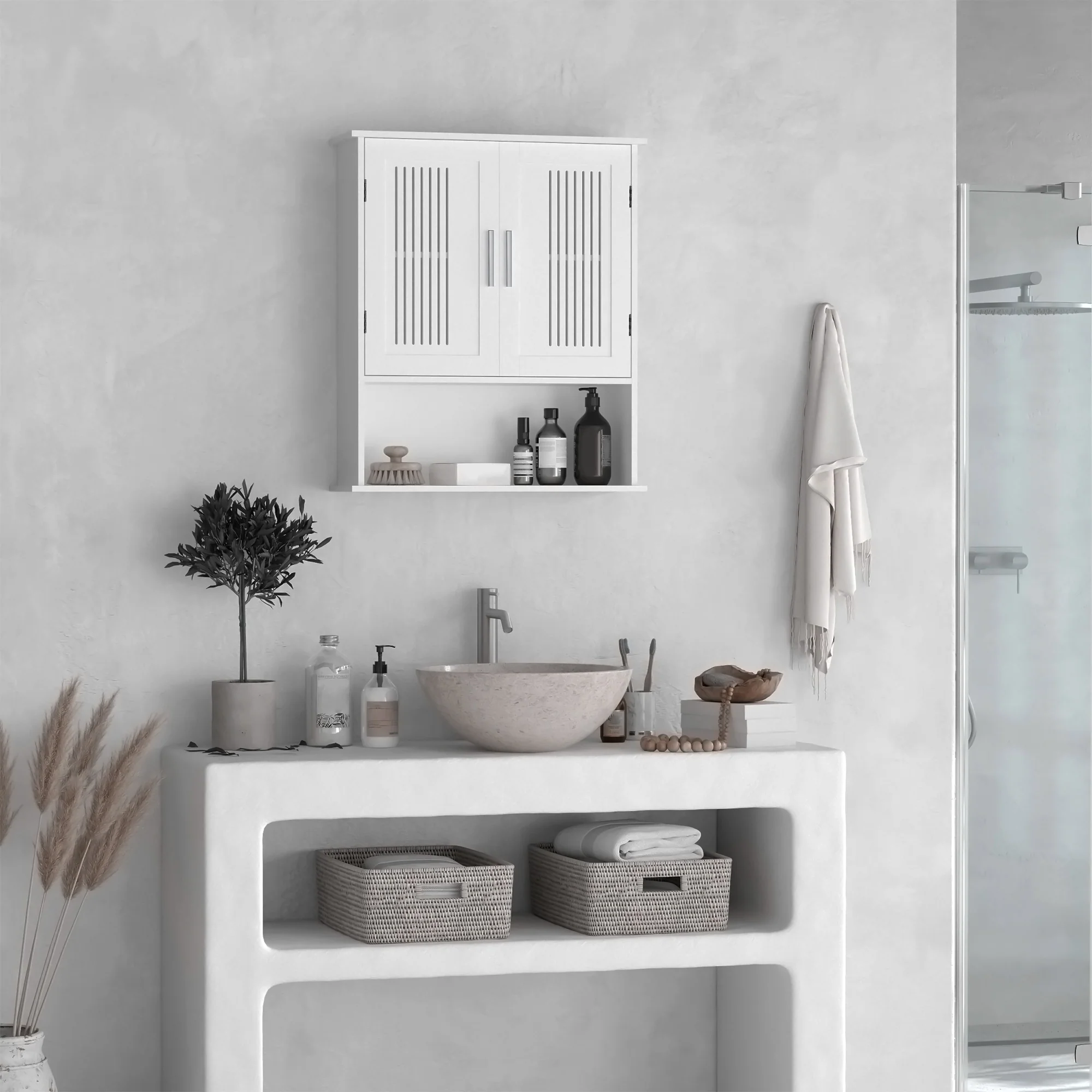 Armoire murale, meuble haut salle de bain avec étagère réglable, double porte et étagère ouverte, meuble de salle de bain, meuble de rangement suspendu, 60 x 20 x 70 cm, blanc - Image 3