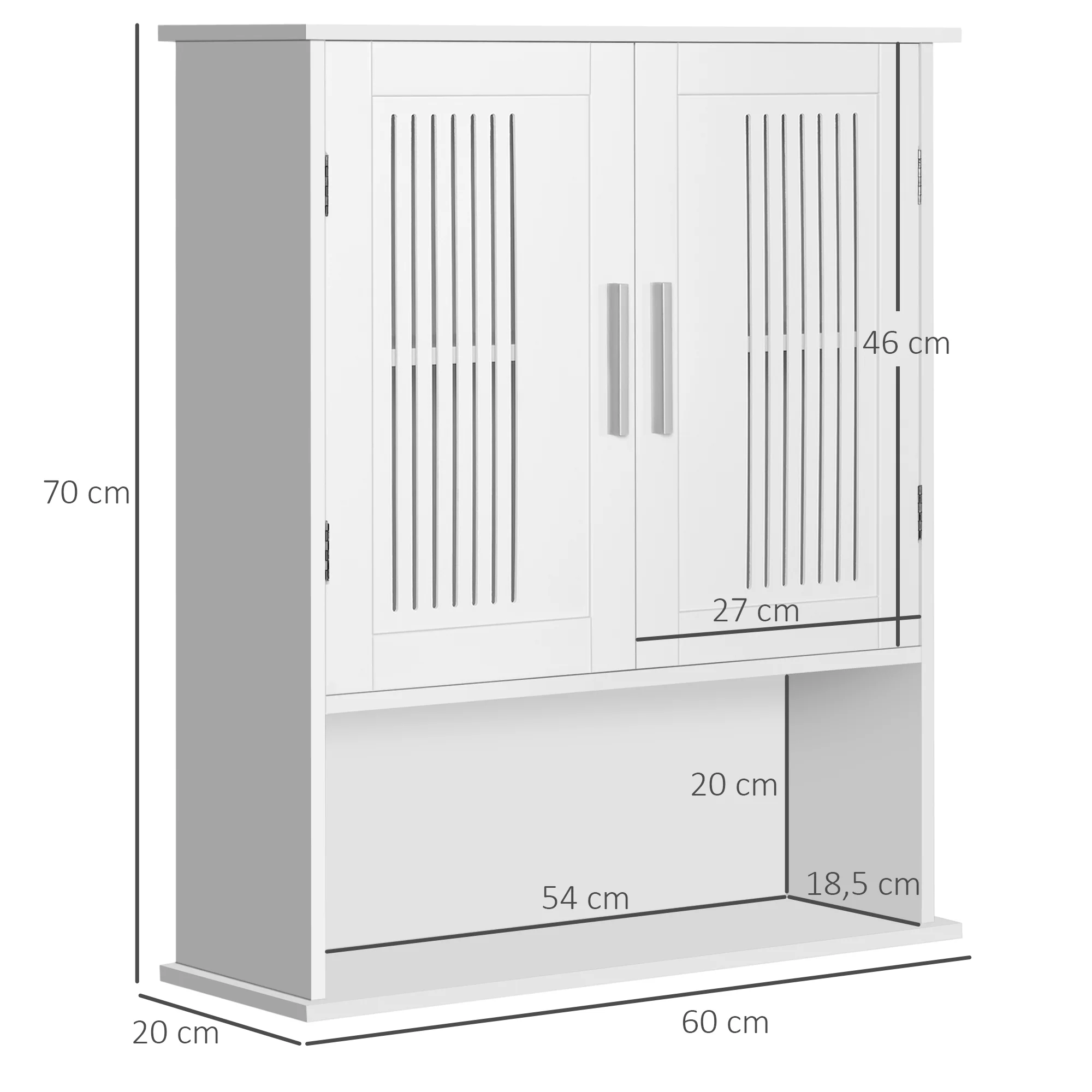 Armoire murale, meuble haut salle de bain avec étagère réglable, double porte et étagère ouverte, meuble de salle de bain, meuble de rangement suspendu, 60 x 20 x 70 cm, blanc - Image 4